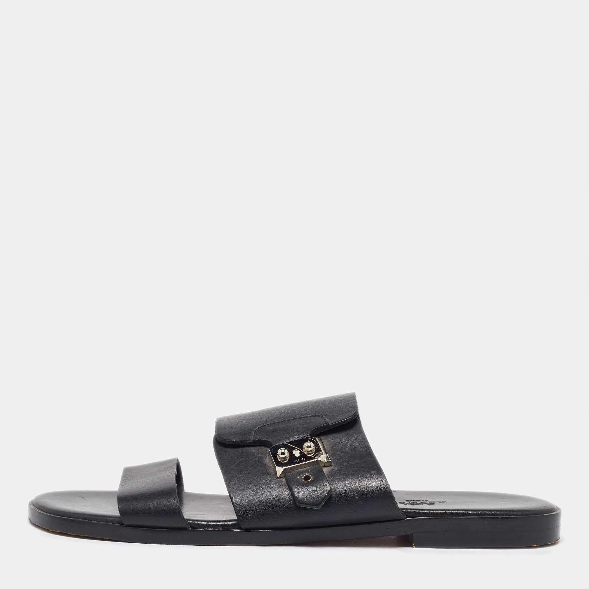 Hermes Black Leather Flats Size 42