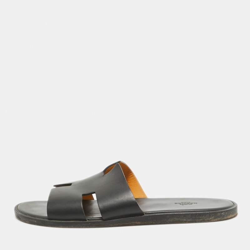 Hermes Black Leather Izmir Flat Slides Size 45