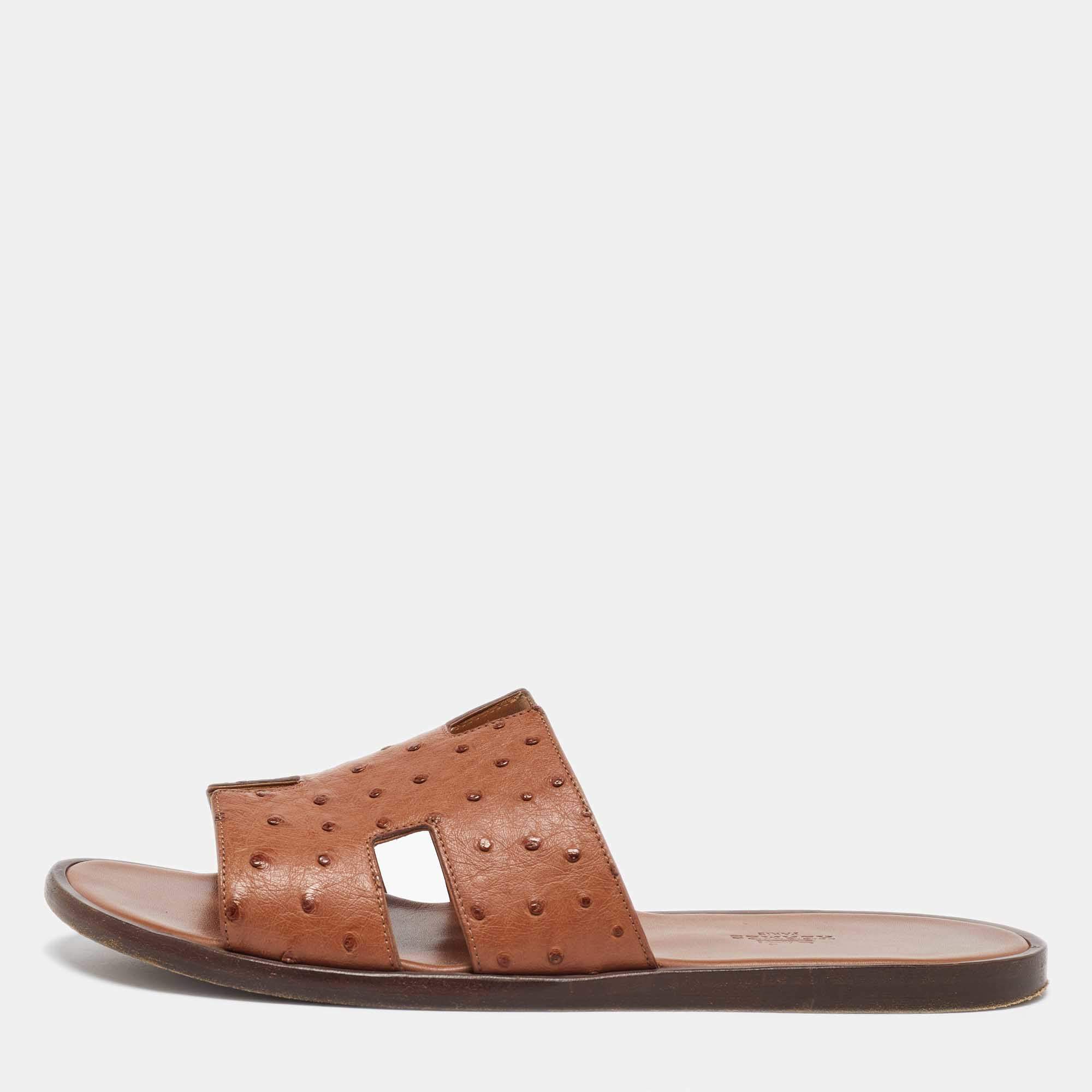 Hermes Brown Ostrich Leather Izmir Slippers Size 42