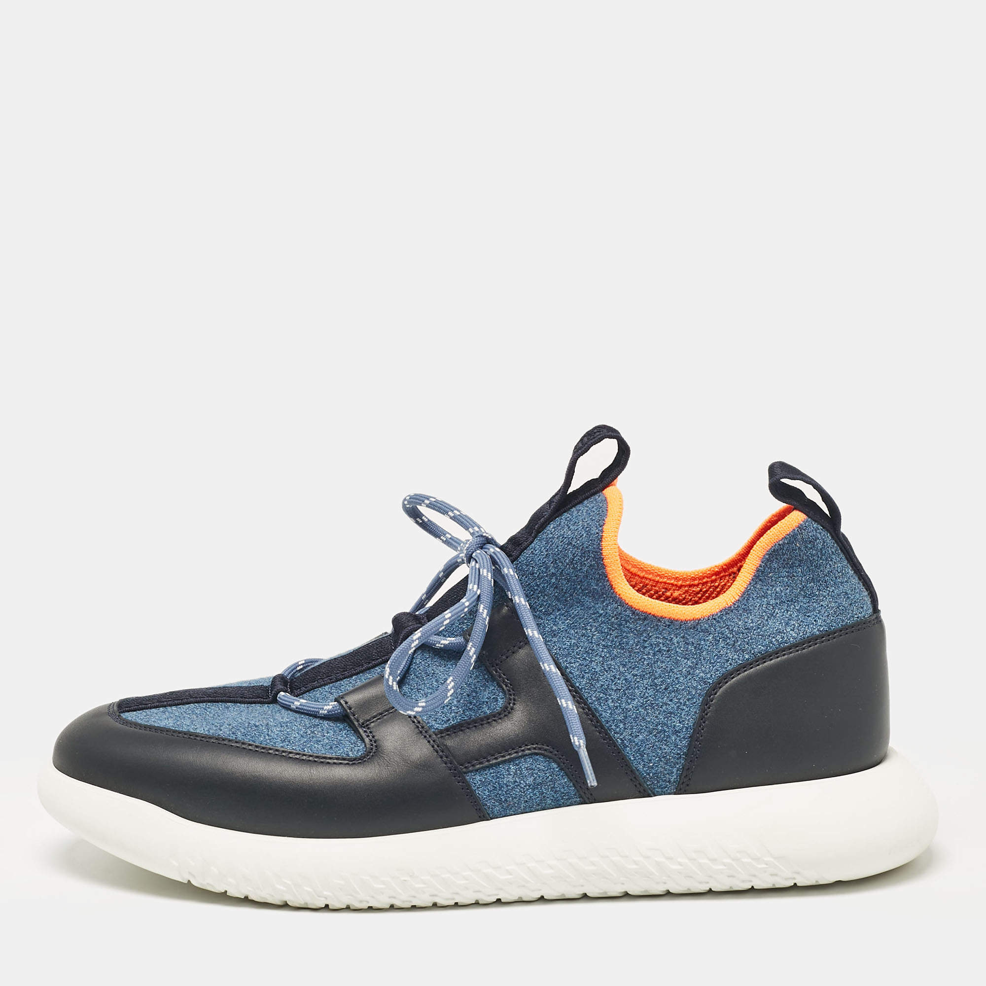 Hermes Blue/Black Knit Fabric and Leather Duel Sneakers Size 43