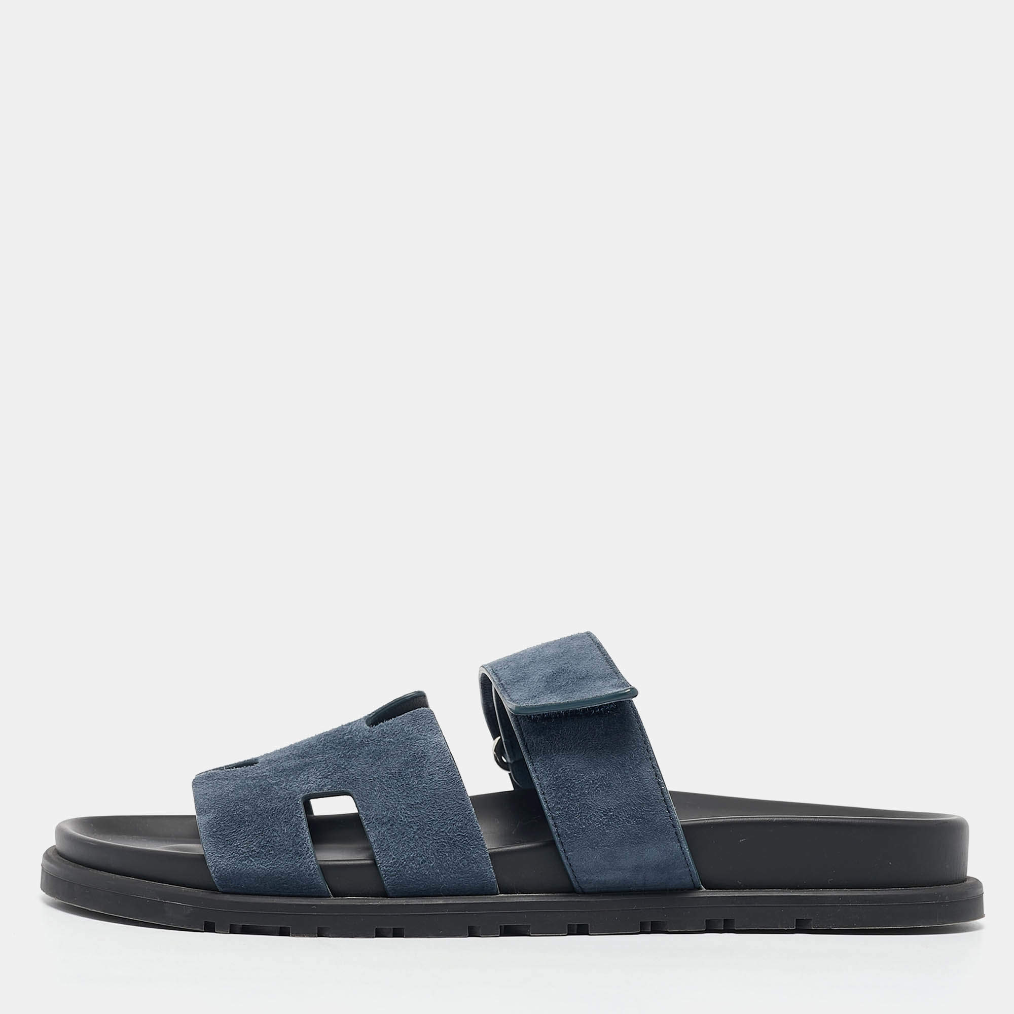 Hermes Navy Blue Suede Chypre Sandals Size 41