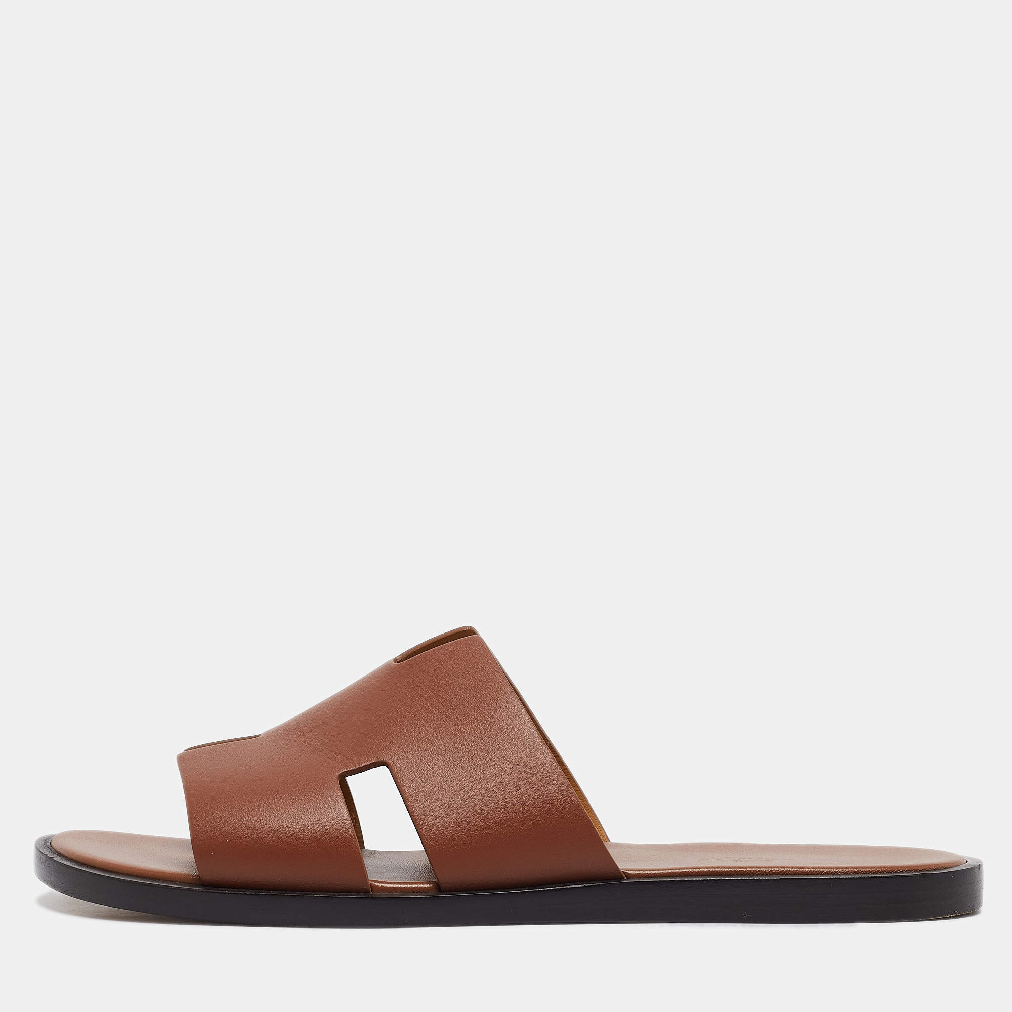 Hermes Brown Leather Izmir Slides Size 43