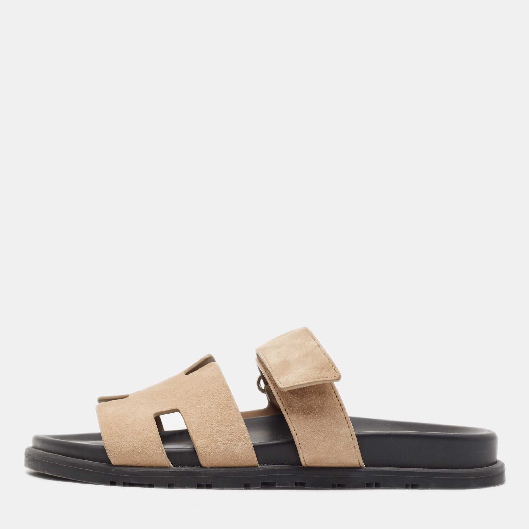 Hermes Brown Suede Chypre Flat Slides Size 42
