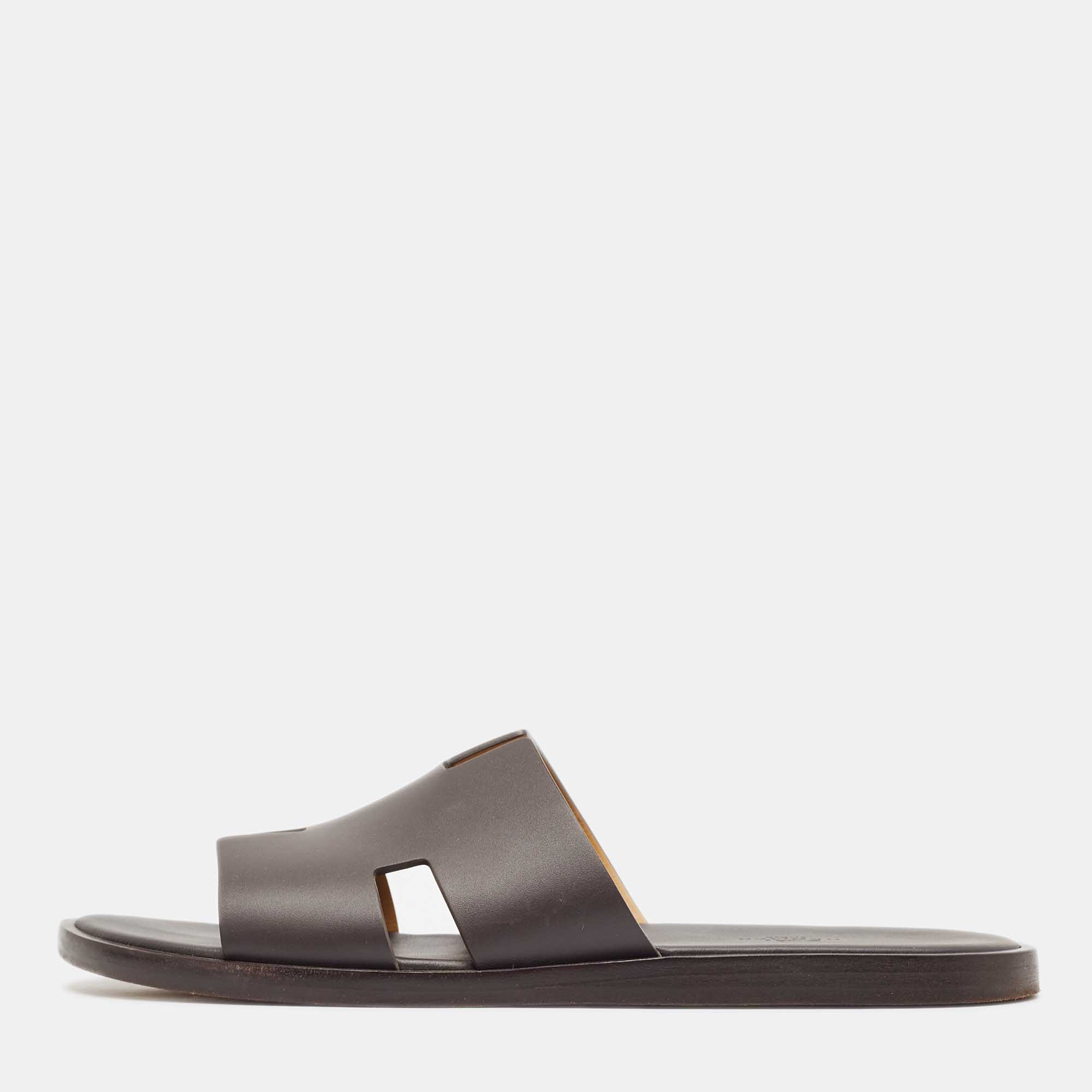 Hermes Dark Brown Leather Izmir Flat Slides Size 42