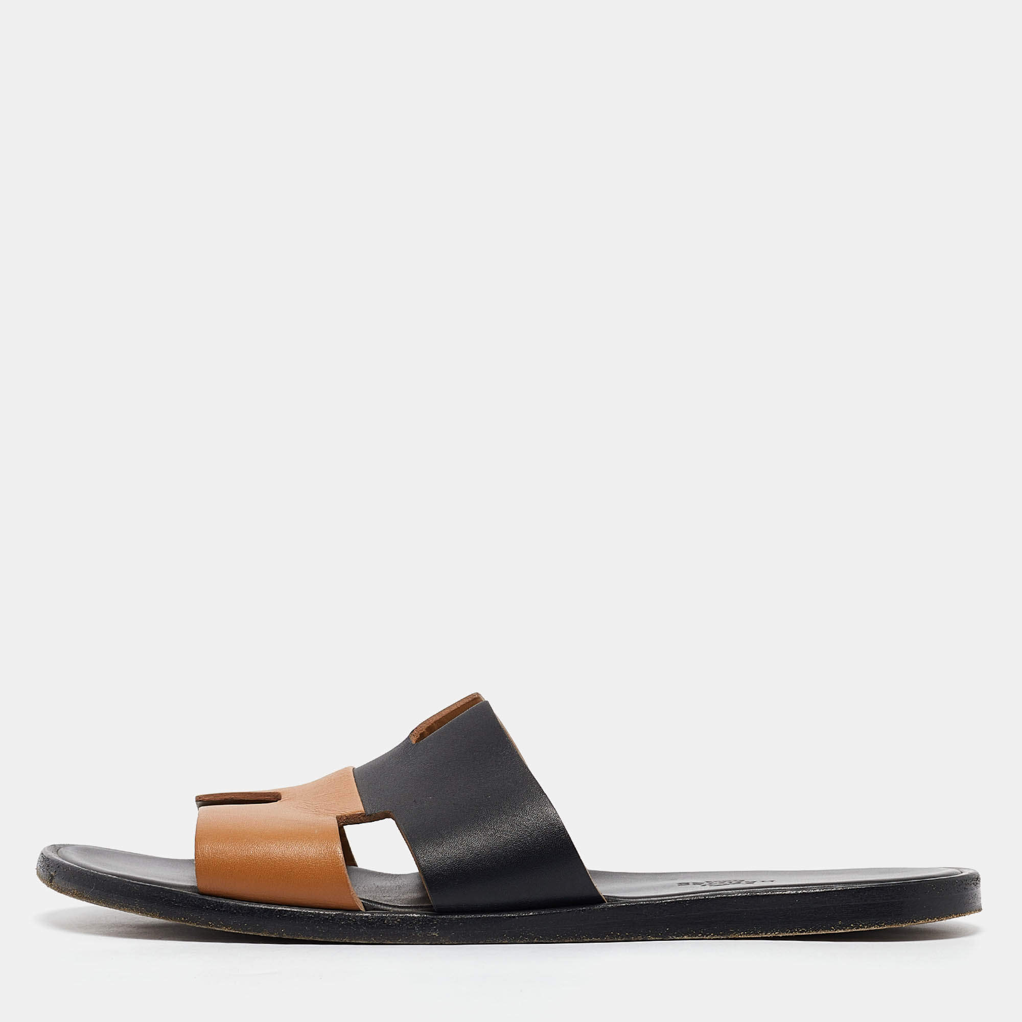 Hermes Black/Brown Leather Izmir Flat Slides Size 40.5