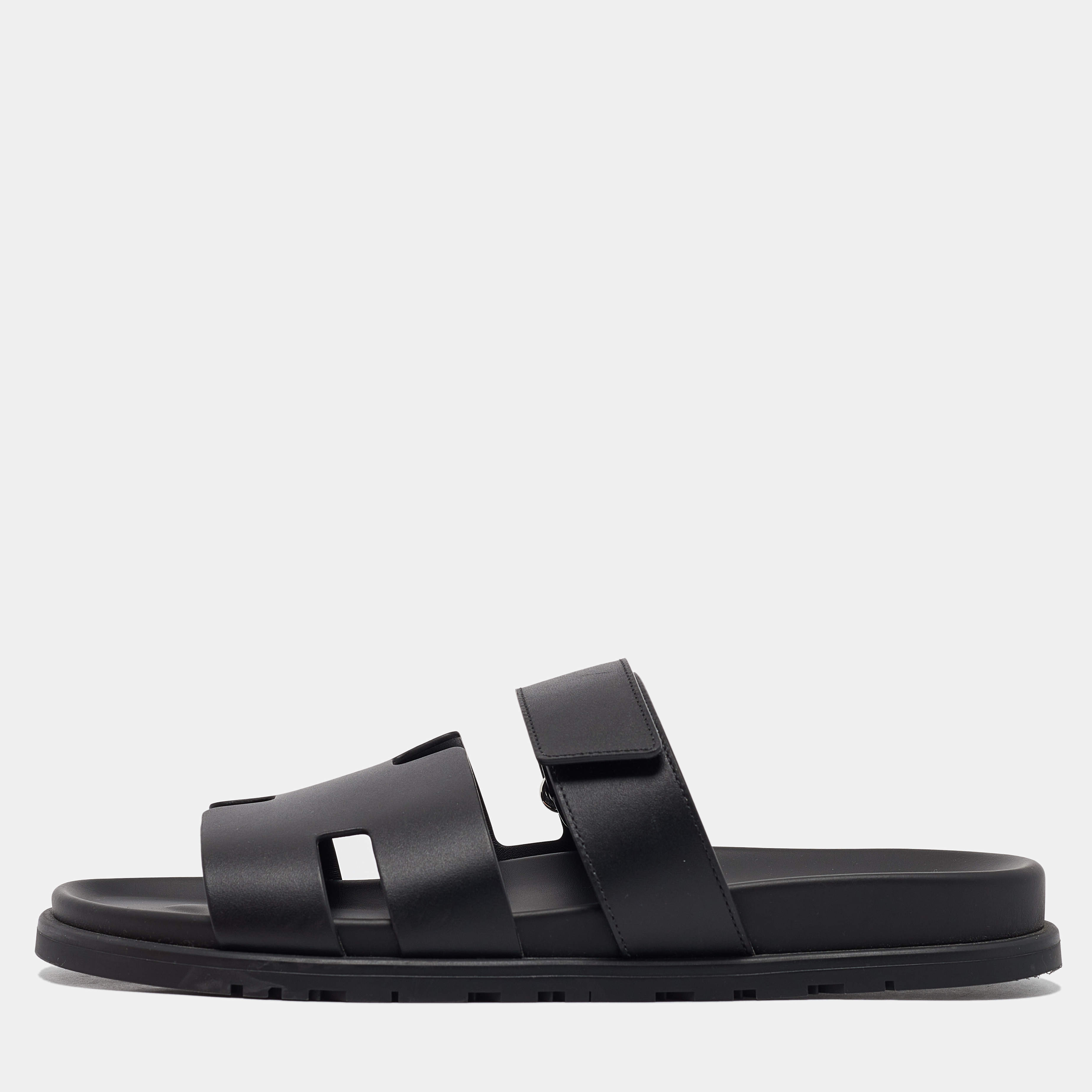Hermes Black Leather Chypre Sandals Size 43.5