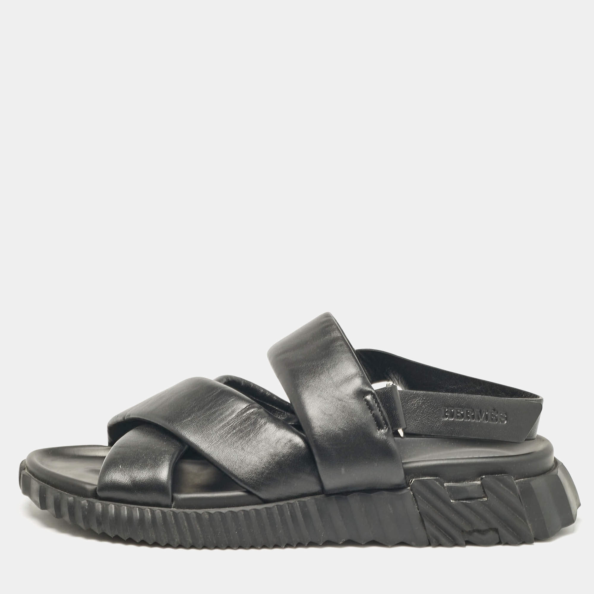 Pre Owned Hermes Black Leather Electric Flat Sandals Size 45