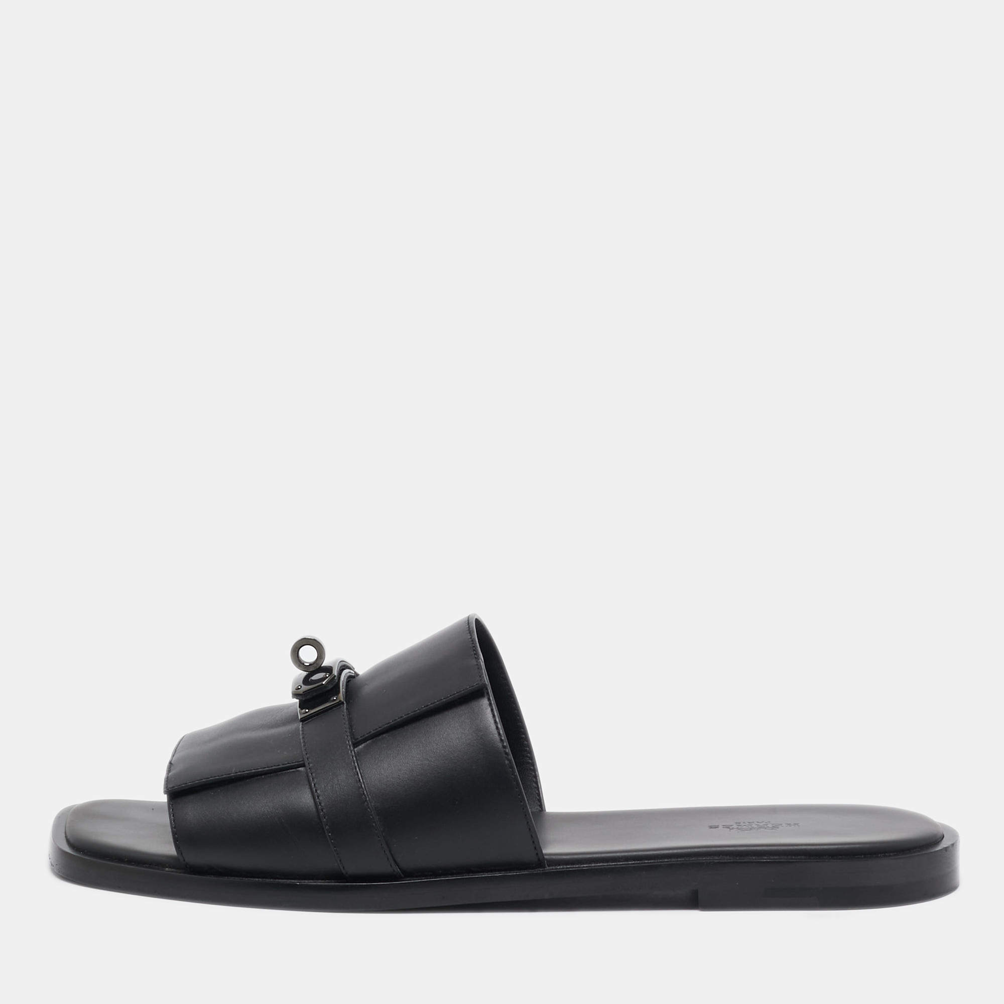 Hermes Black Leather Gabriel Sandals Size 45