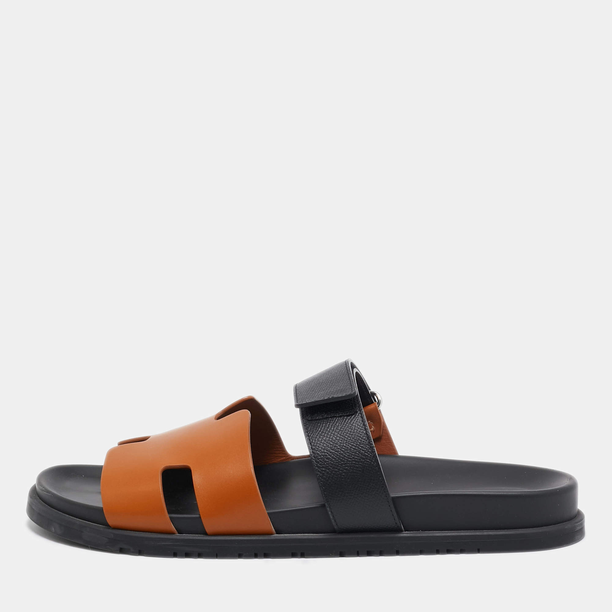 Hermes Brown/Black Leather Chypre Sandals Size 45