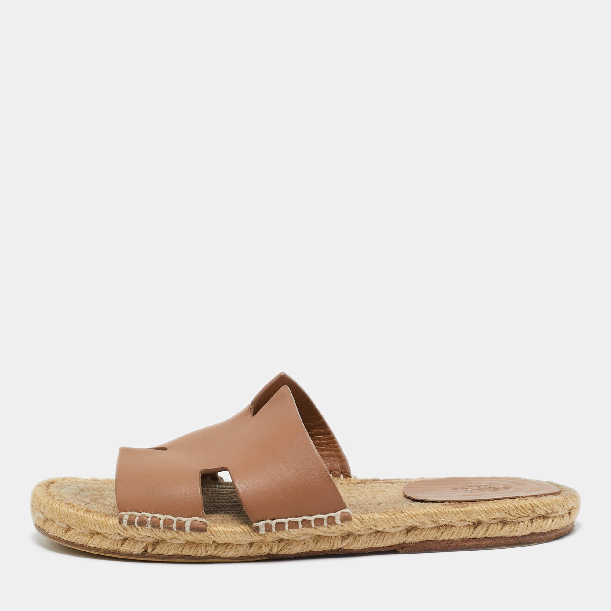 Hermes Brown Leather Antigua Espadrille Flat Sandals Size 41