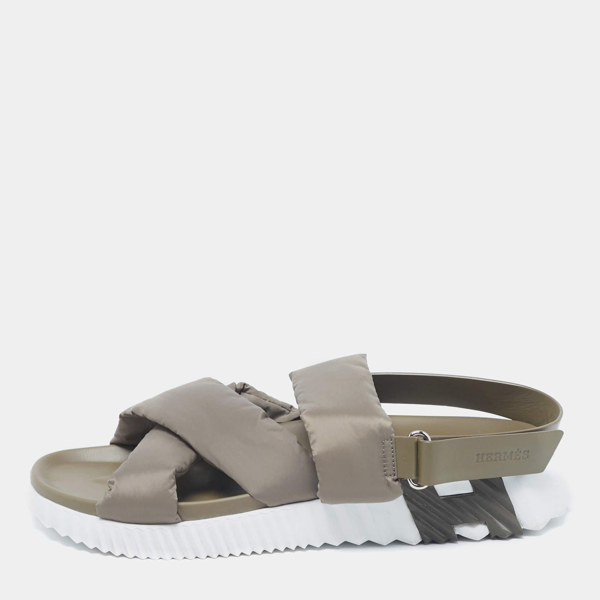 Pre Owned Hermes Green Nylon Electric Flat Sandals Size 45