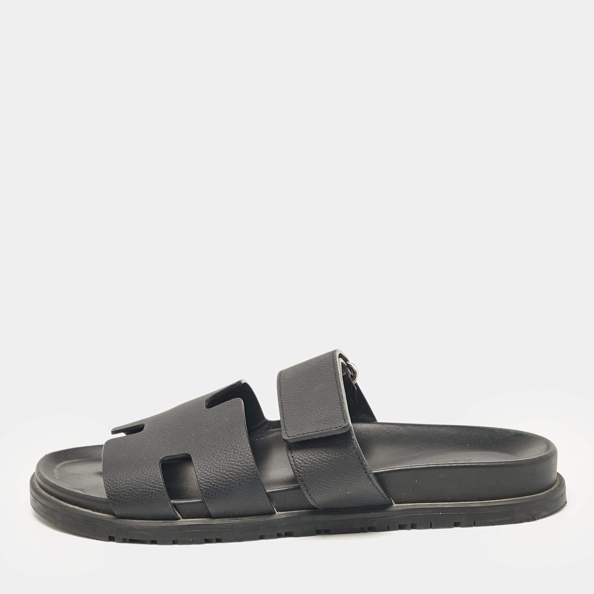 Hermes Black Leather Chypre Flat Sandals Size 41