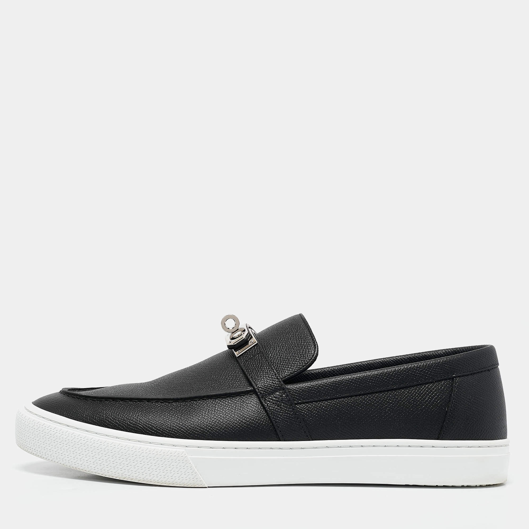 Hermes Black Leather Game Slip On Sneakers Size 45