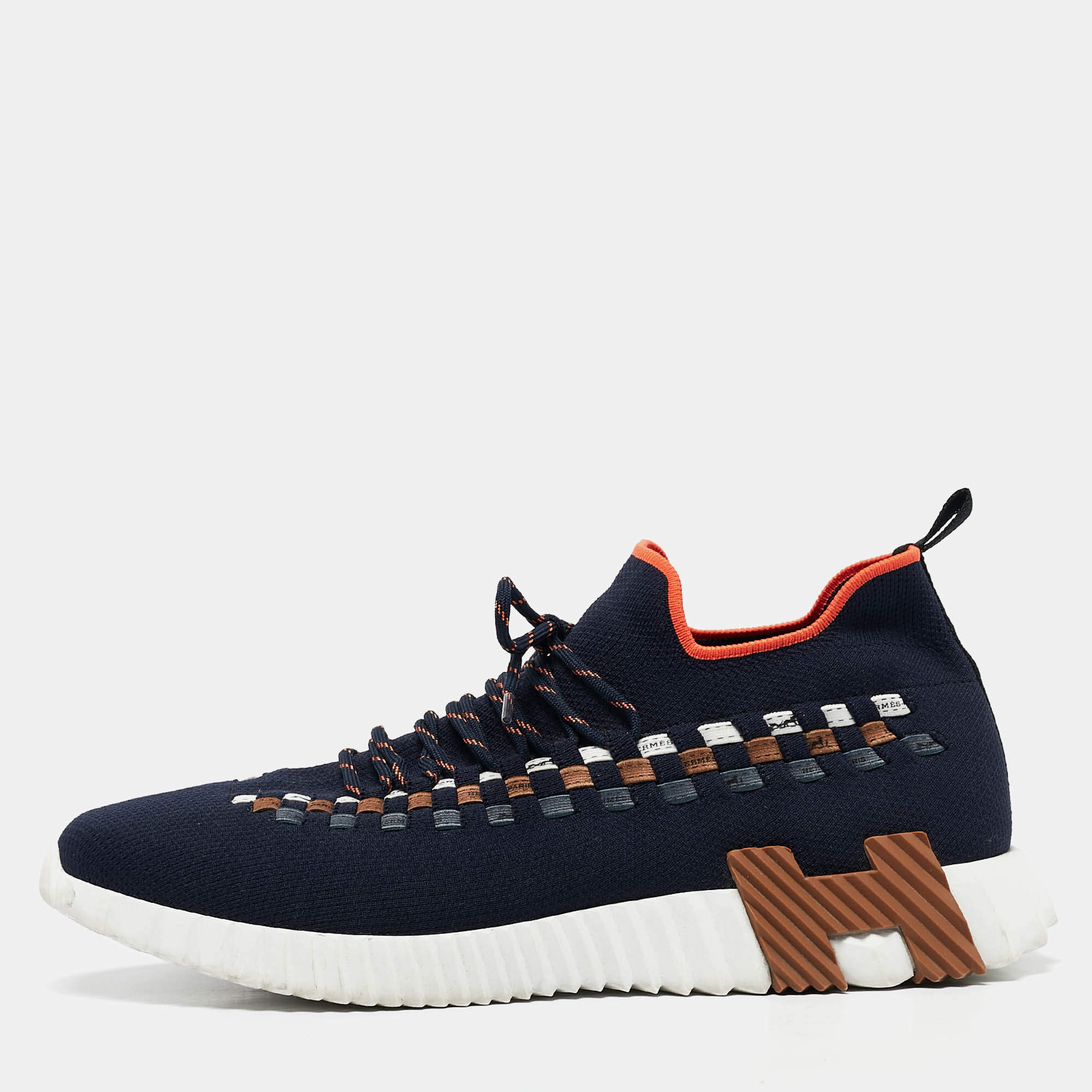 Hermes Navy Blue Knit Fabric Flex Lace Up Sneakers Size 45