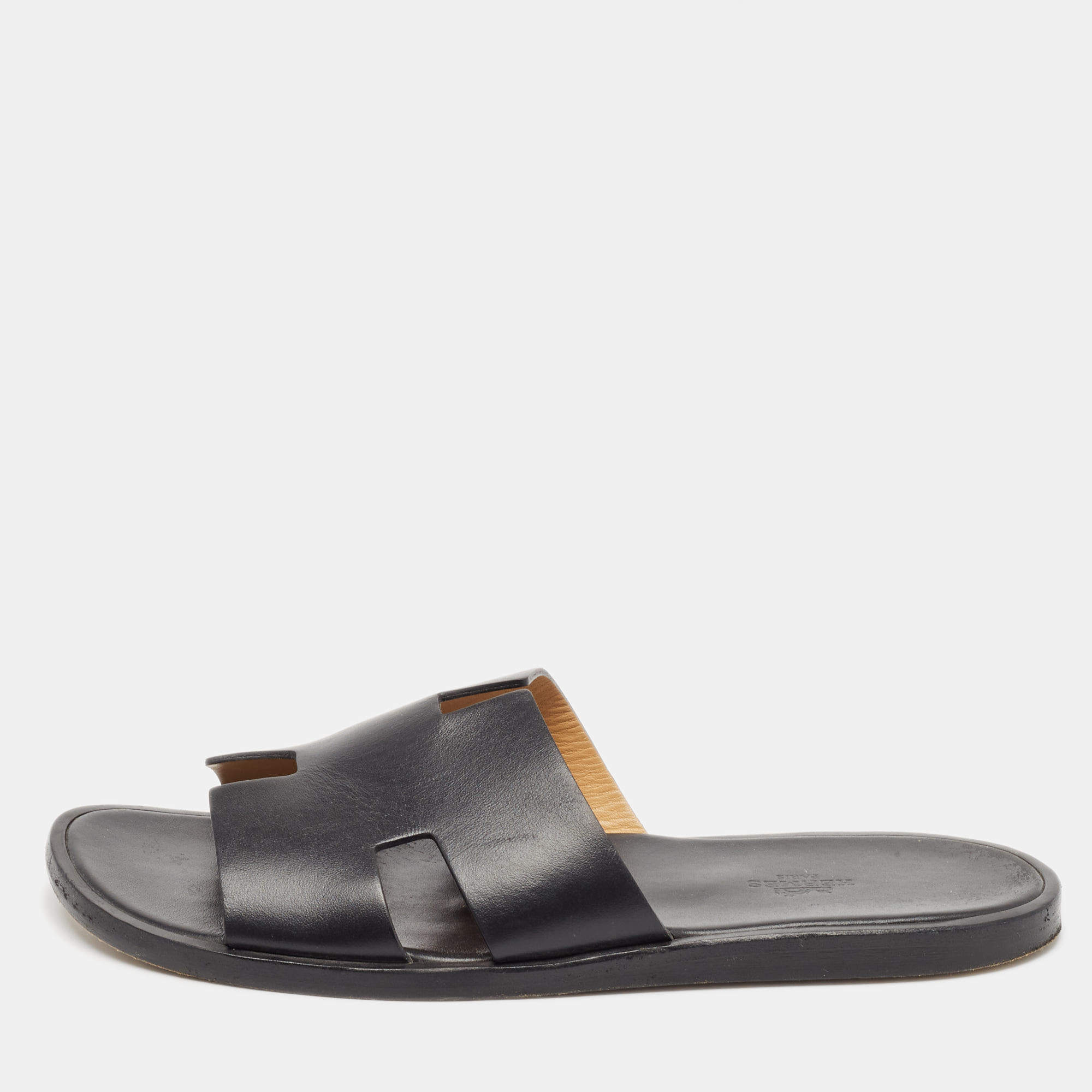 Hermes Black Leather Izmir Flat Slides Size 42