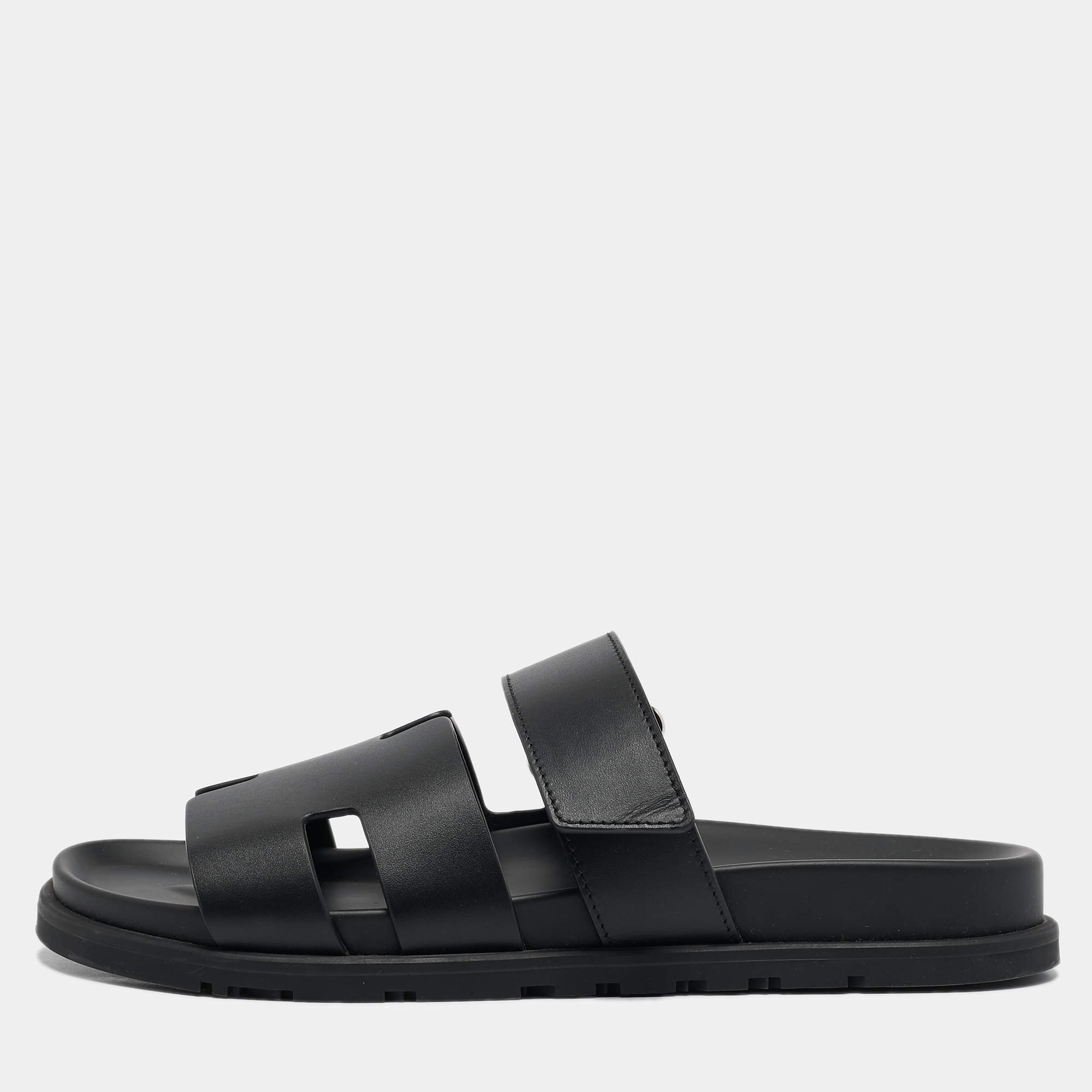 Hermès Black Leather Chypre Sandals Size 41