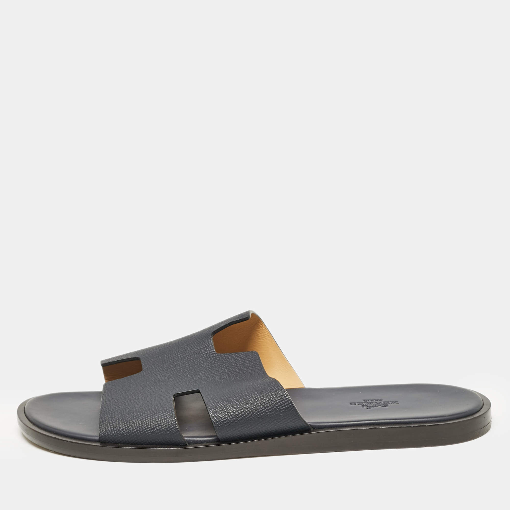 Hermes Navy Blue Leather Izmir Flat Slides Size 43.5