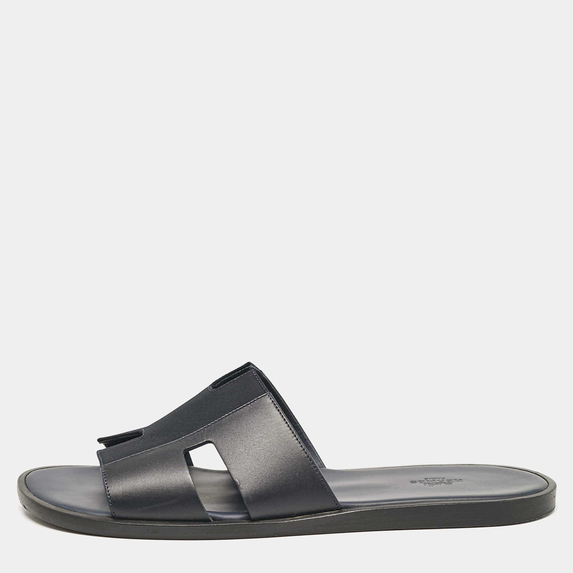 Hermes Navy Blue Leather and Canvas Izmir Flat Slides Size 45