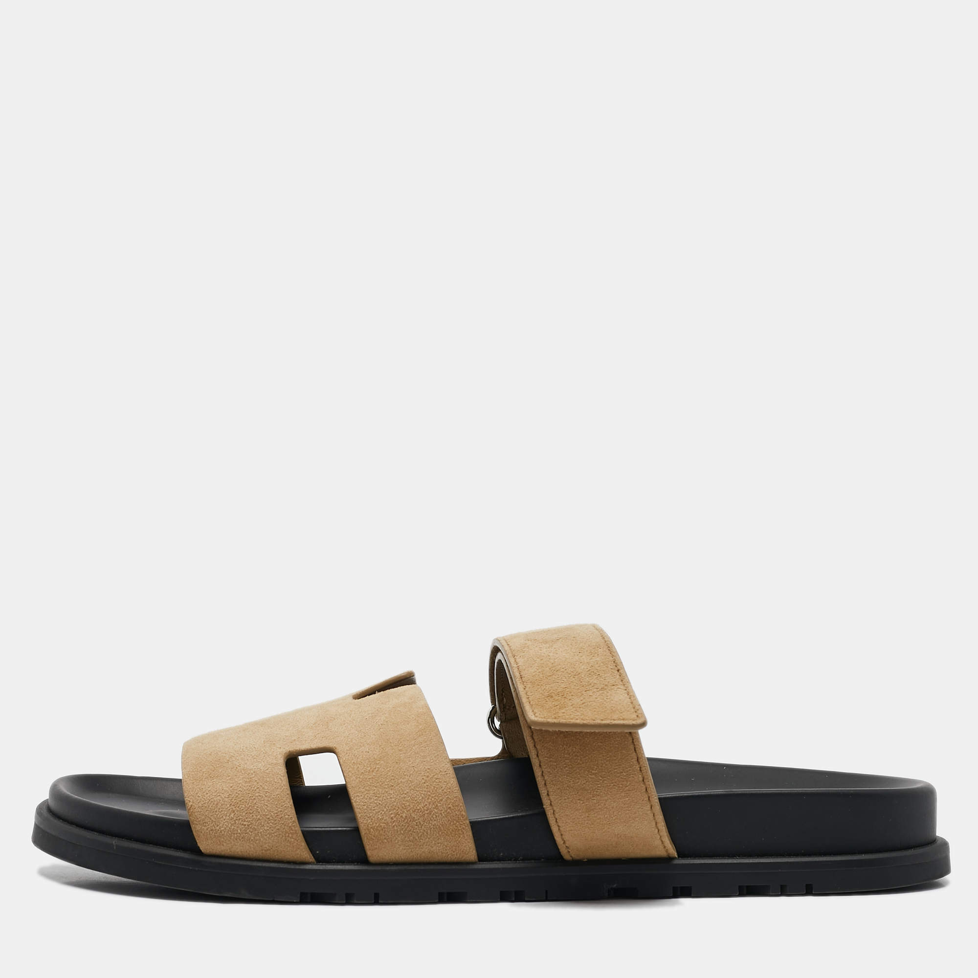 Hermes Beige Suede Chypre Slide Sandals Size 44