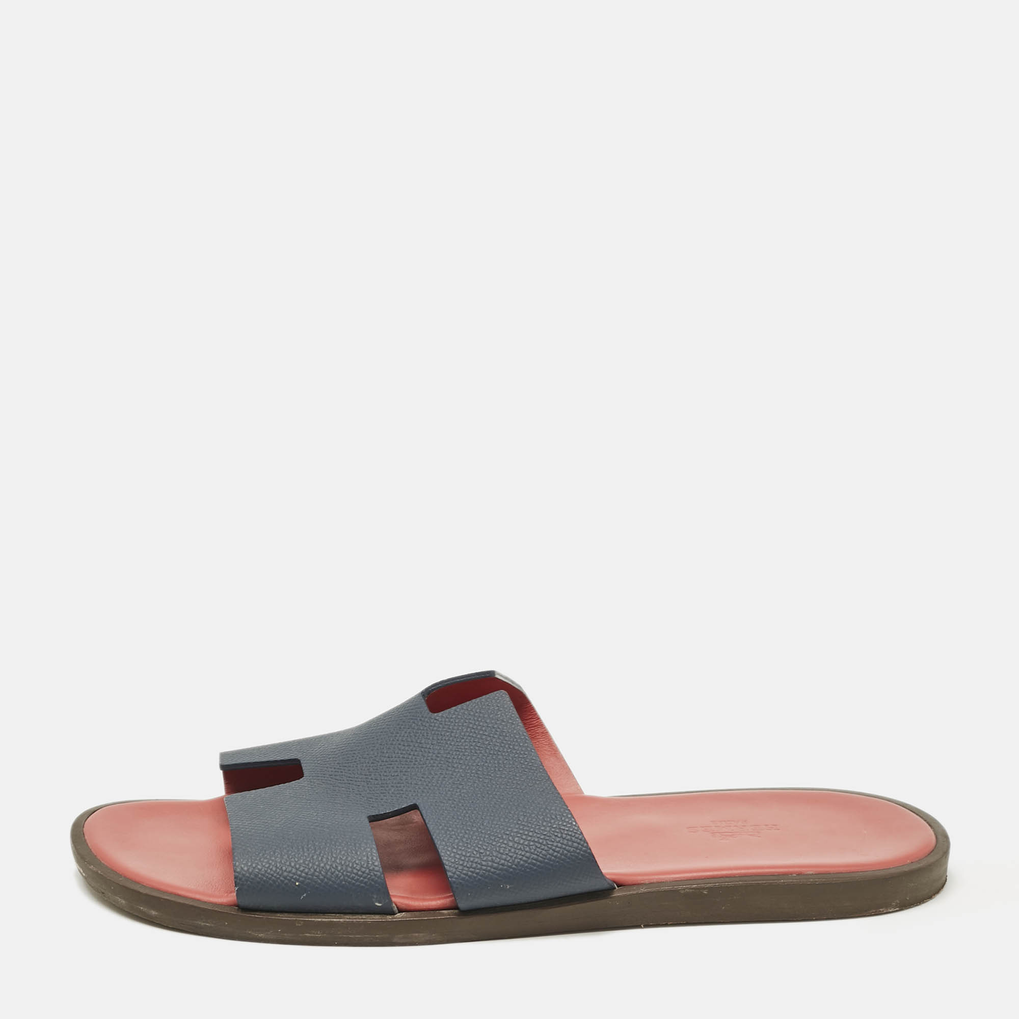 Hermes Navy Blue Leather Izmir Flat Slides Size 41.5