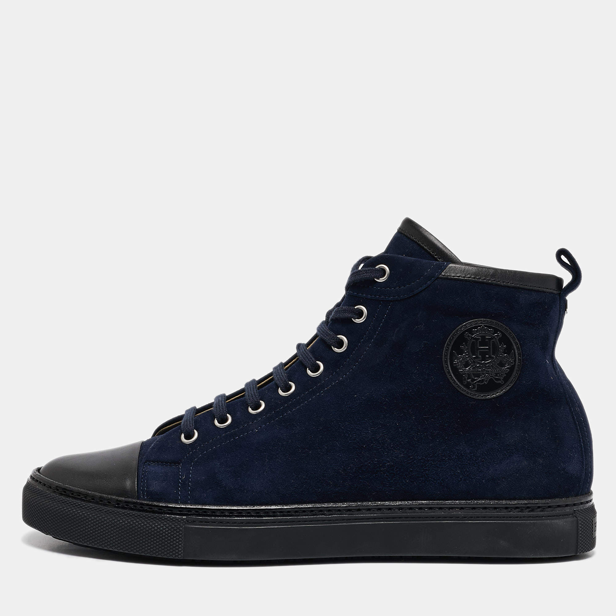 Pre Owned Hermes Navy Blue Suede Cap Toe High Top Sneakers Size 42
