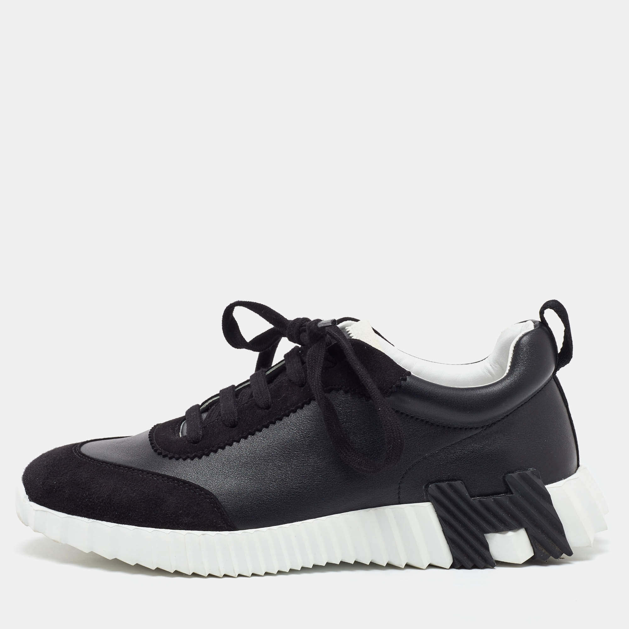 Hermes Black Leather and Suede Bouncing Low Top Sneakers Size 40.5