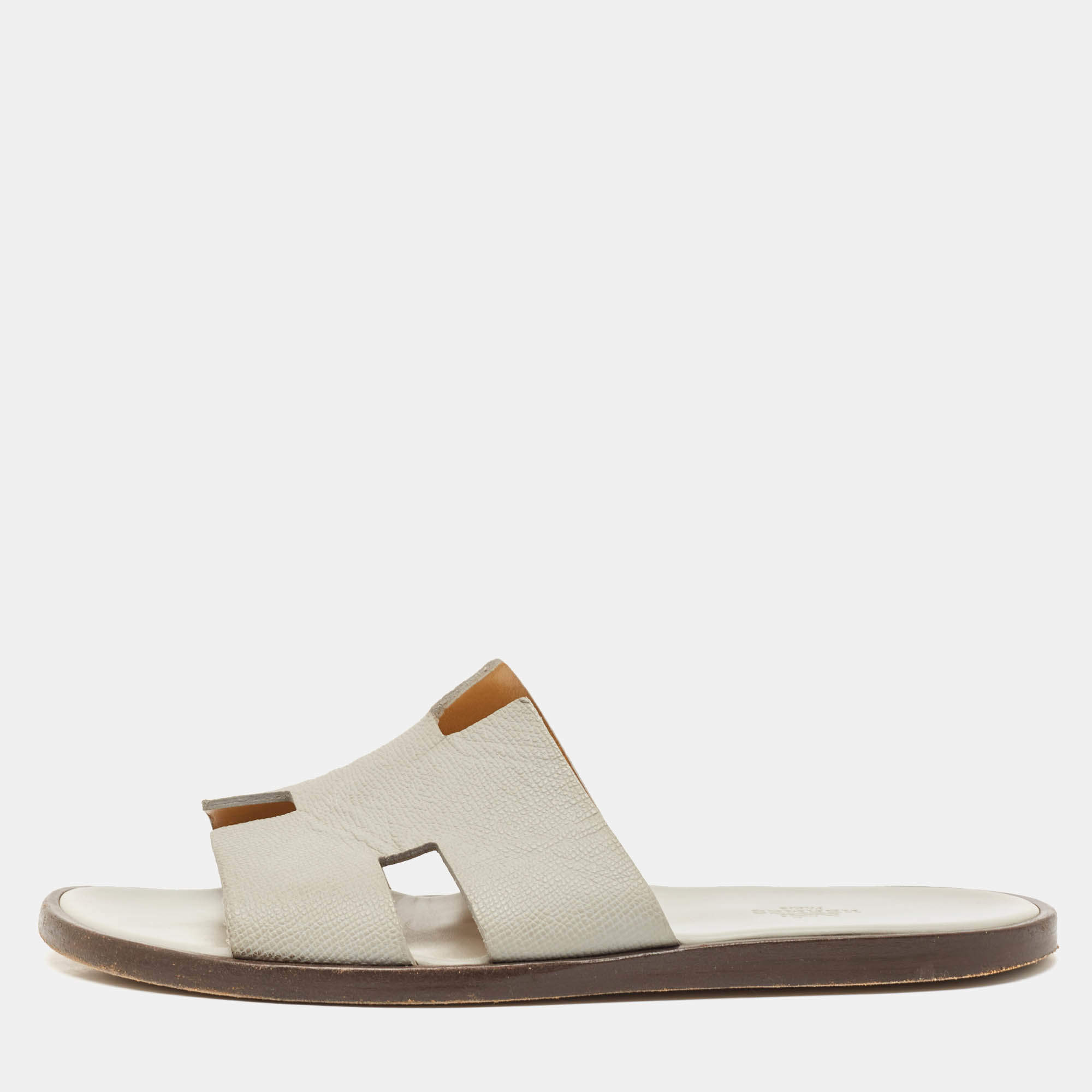 Hermes Grey Leather Izmir Flat Slides Size 41