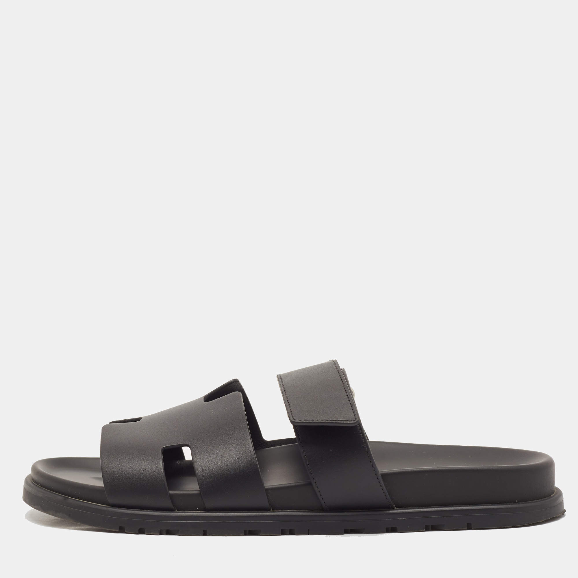Hermes Black Leather Chypre Sandals Size 43