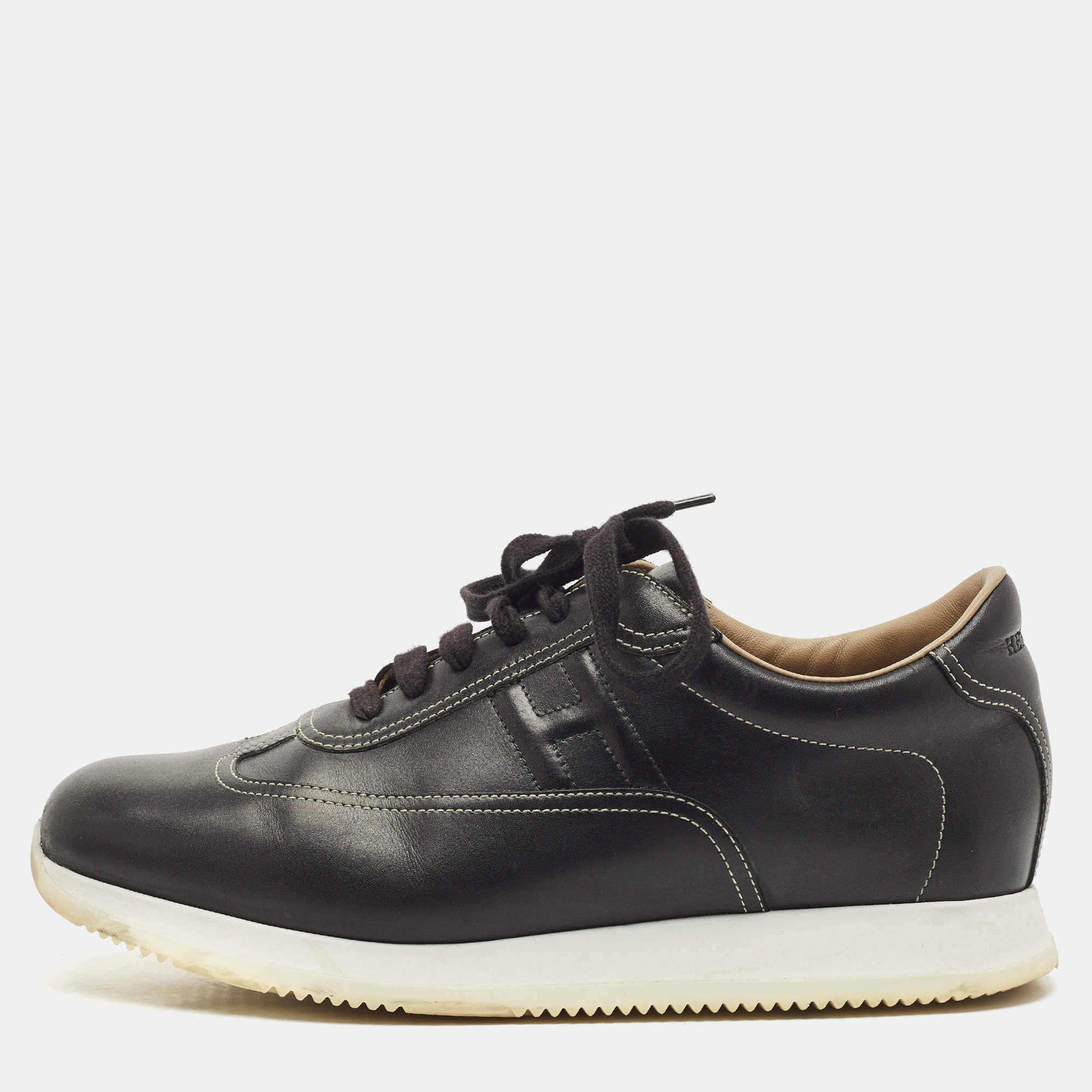 Hermes Black Leather Quicker Low Top Sneakers Size 43