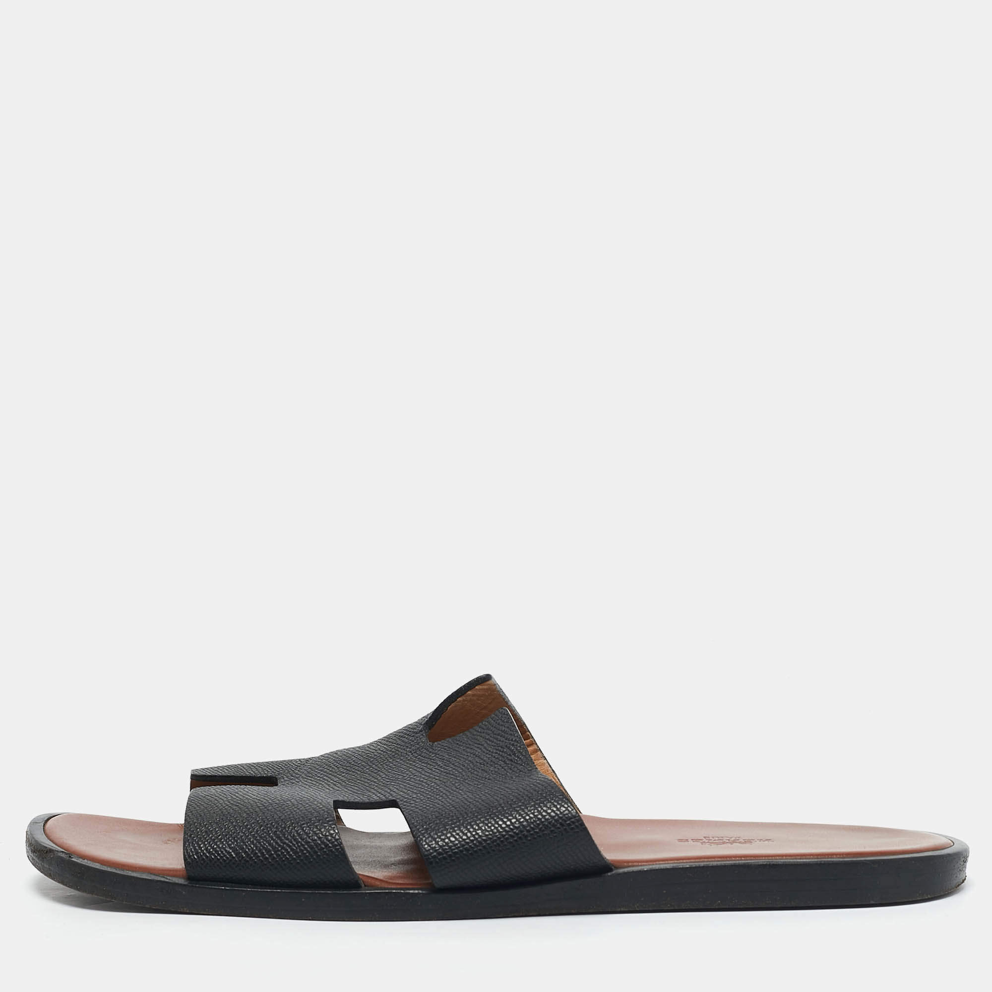 Hermes Black Leather Izmir Flat Sandals Size 43