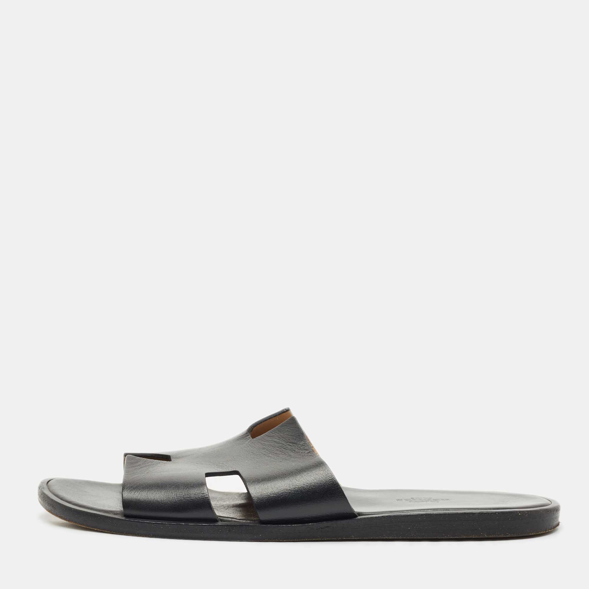 Pre Owned Hermes Black Leather Izmir Sandals Size 43