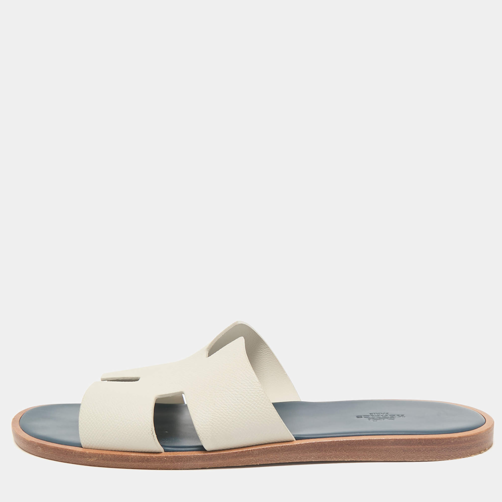 Hermes White/Blue Leather Izmir Flat Sandals Size 46