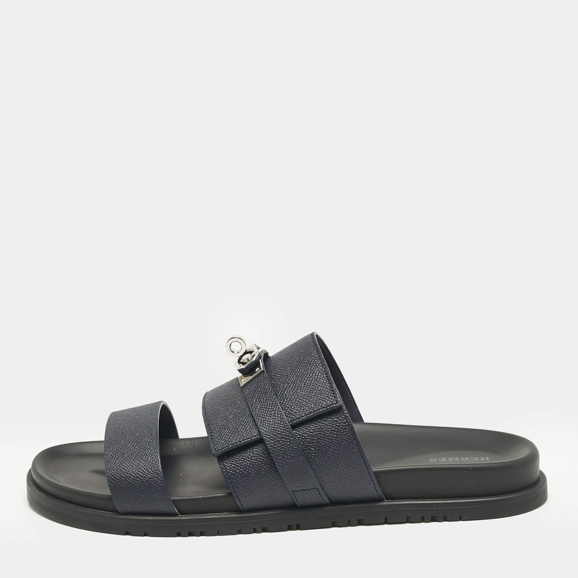 Pre Owned Hermes Navy Blue Leather Jackson Sandals Size 45