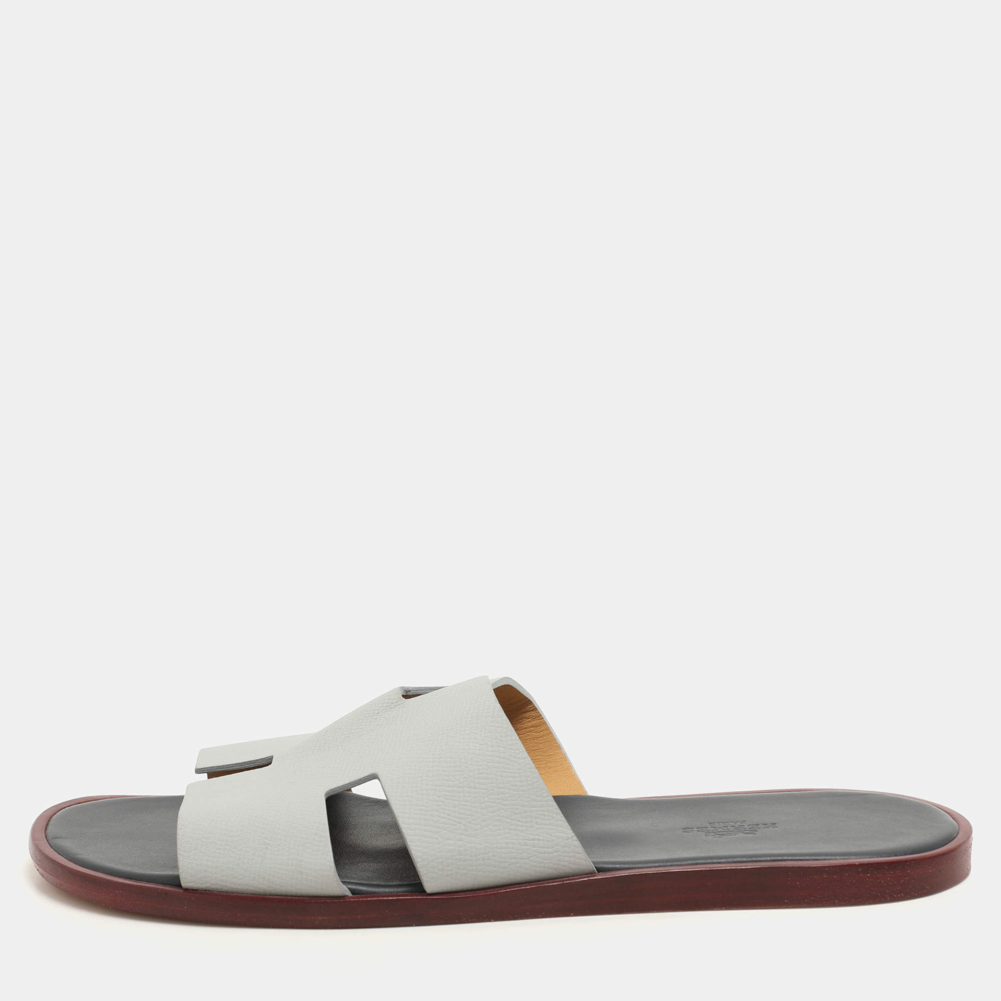 Hermes Grey/Navy Blue Leather Izmir Slip On Sandals Size 44