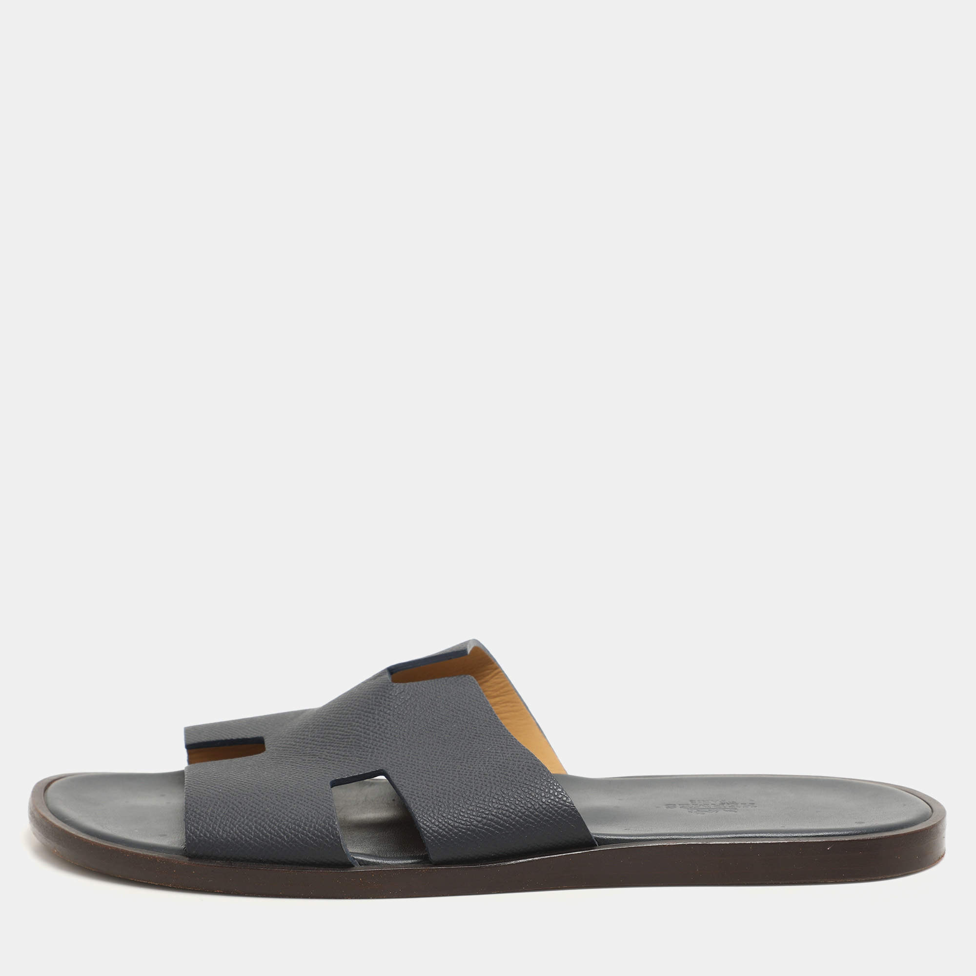 Hermes Navy Blue Leather Izmir Slides Size 44