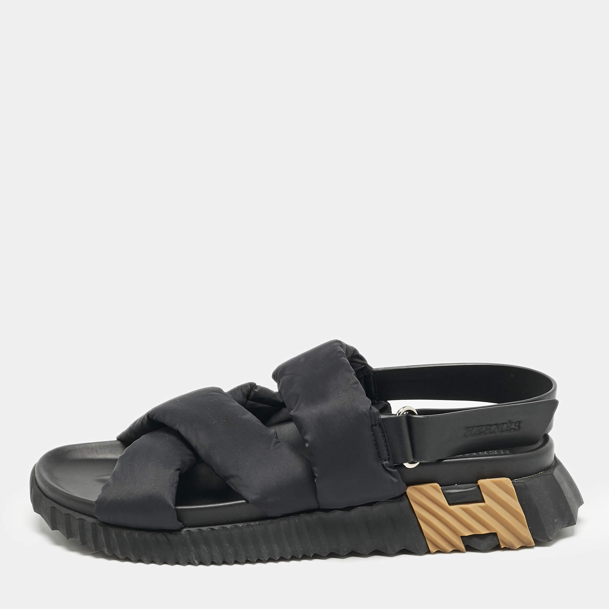 Hermes Black Fabric and Leather Electric Sandals Size 42