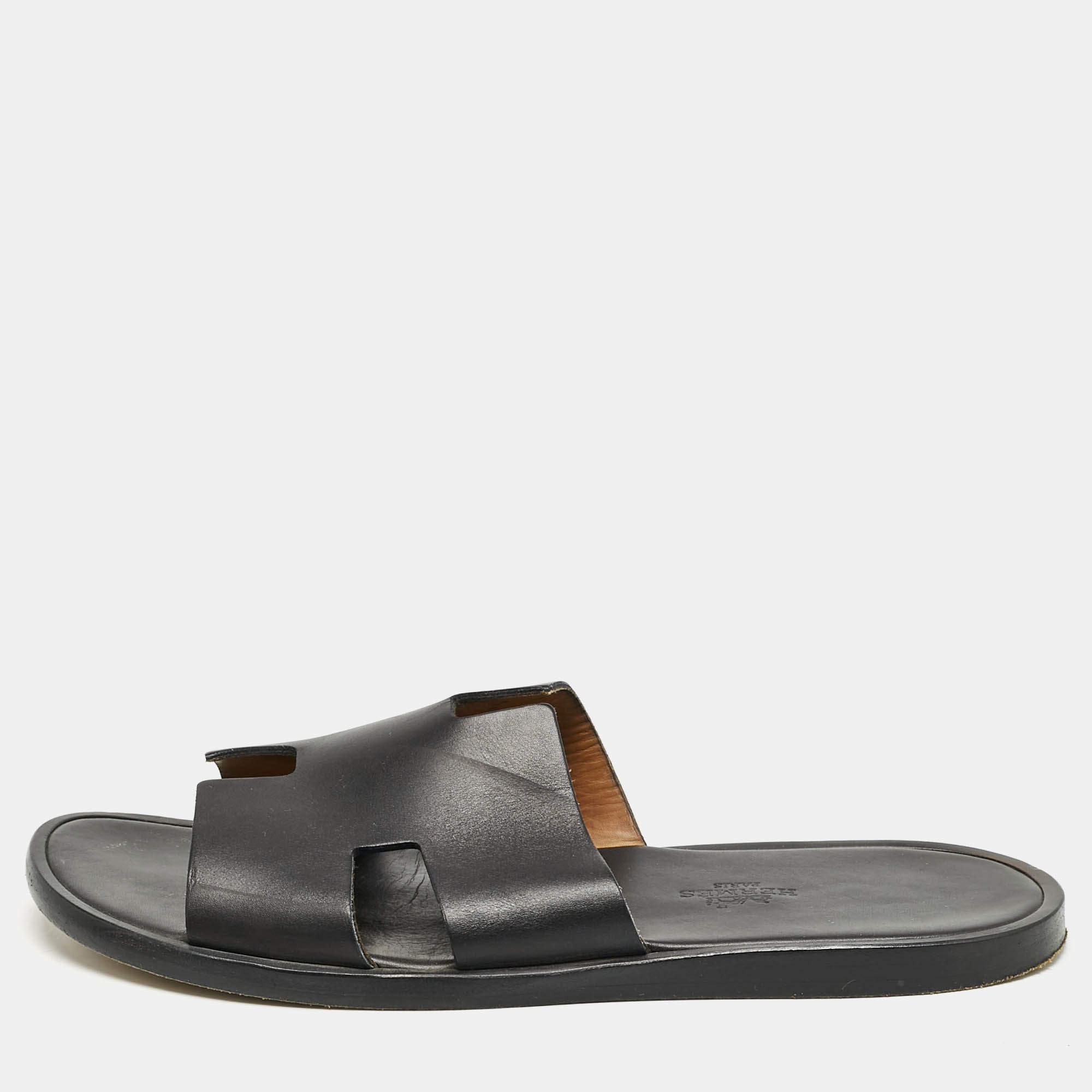 Hermes Black Leather Izmir Slide Sandals Size 40