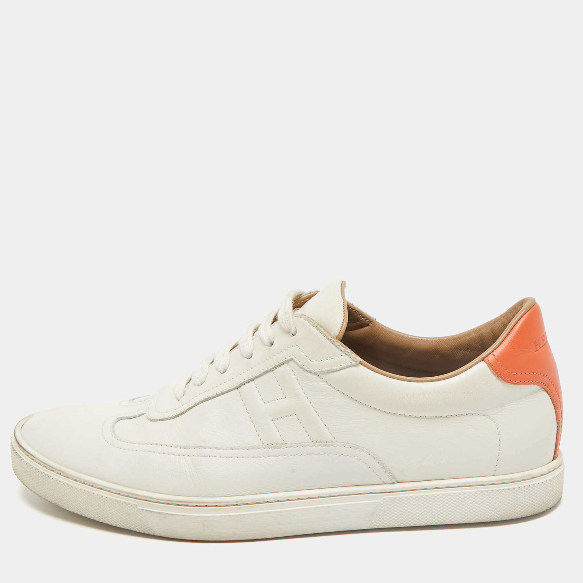 Hermes White/Orange Leather Quicker Low-Top Sneakers Size 41.5