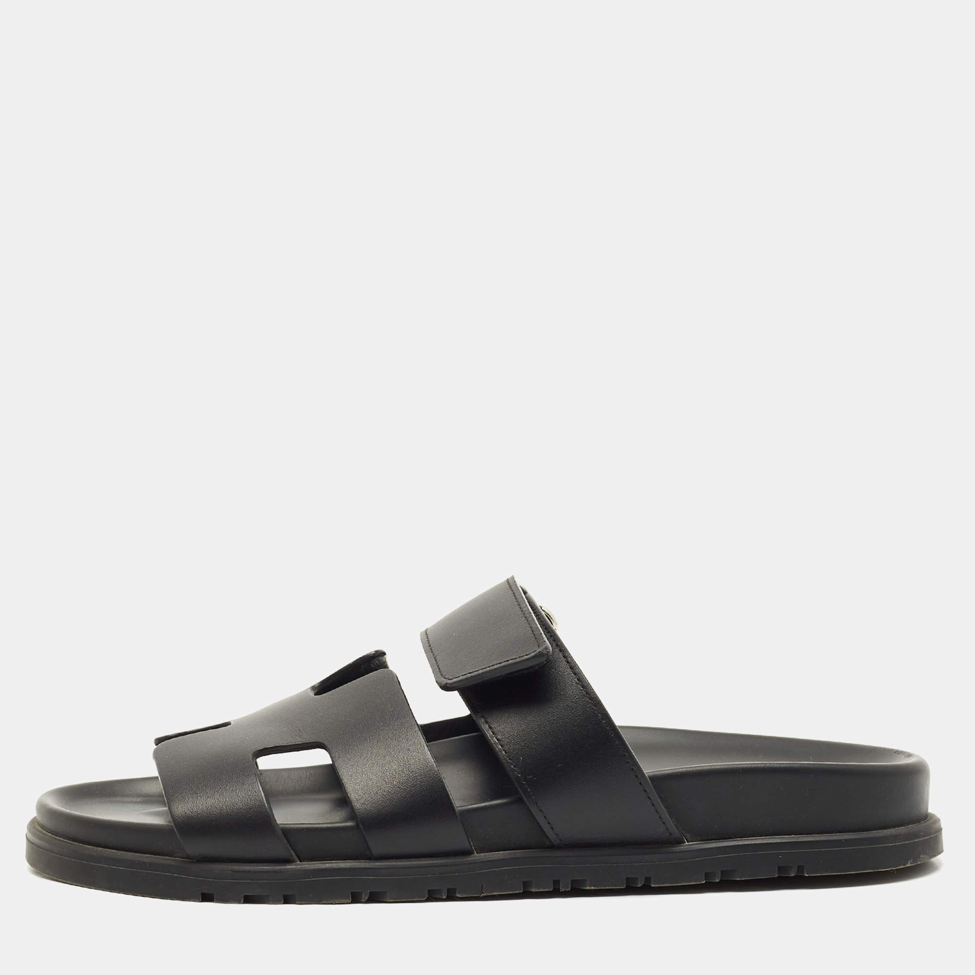 Hermes Black Leather Chypre Sandals Size 37