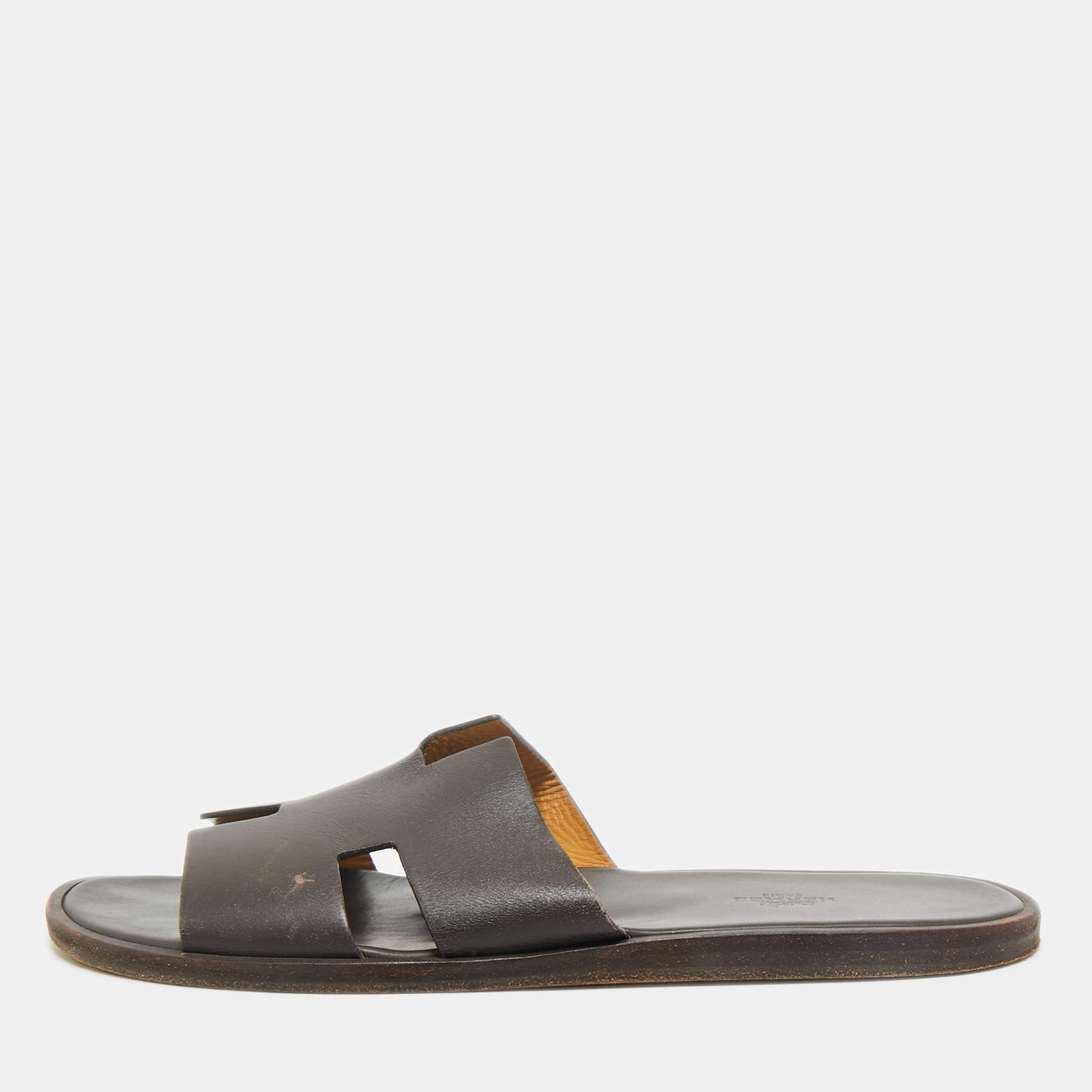 Hermes Dark Brown Leather Izmir Flat Slides Size 44