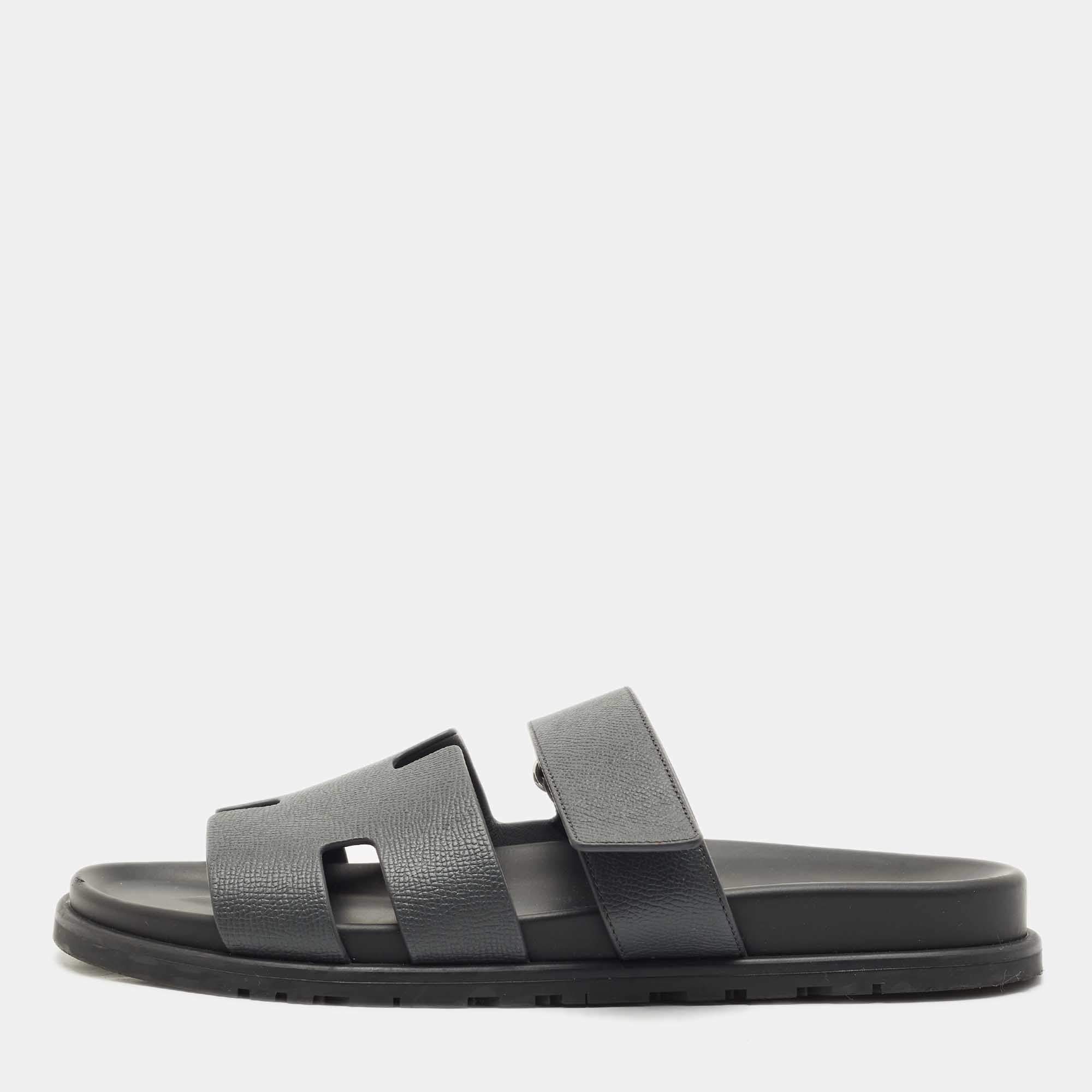 Hermes Grey Leather Chypre Flat Sandals Size 43.5