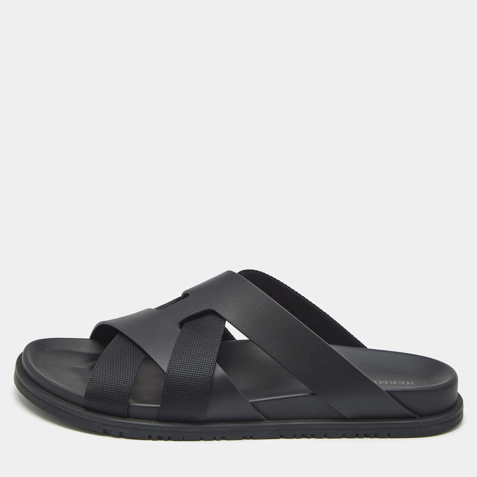Hermes Black Leather and Fabric Kazimir Sandals Size 45.5