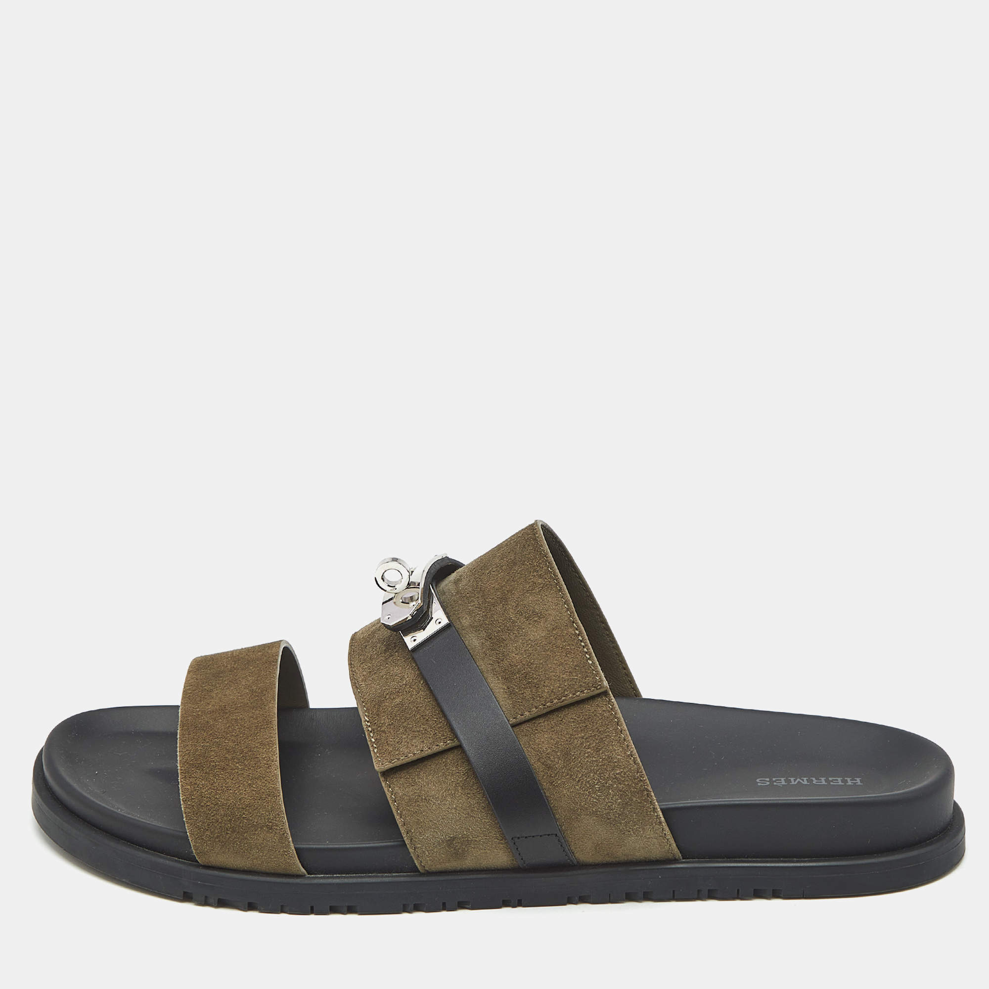 Pre Owned Hermes Dark Green/Black Suede and Leather Jackson Sandals Size 46