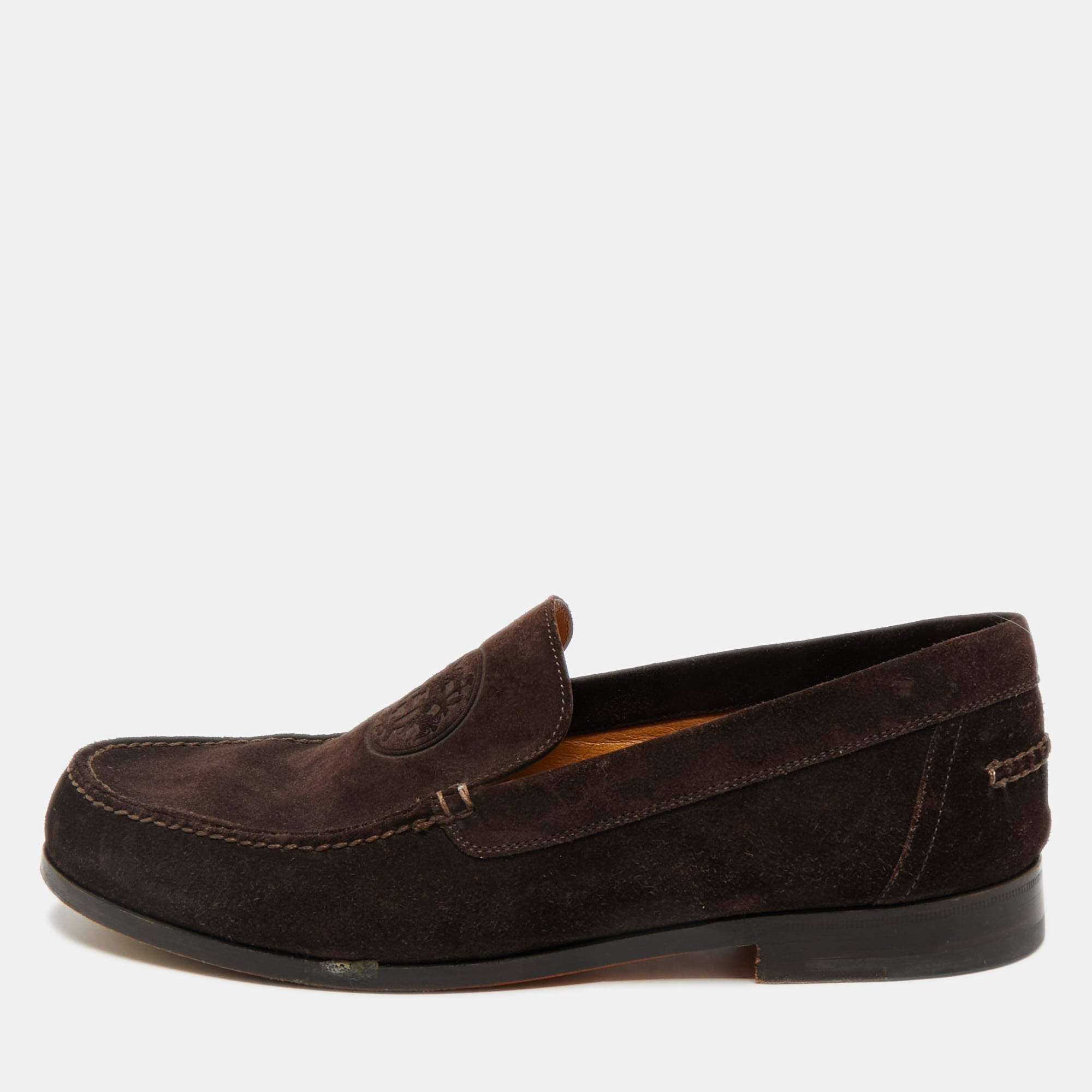 Pre Owned Hermes Chocolate Brown Suede Lucky Moccasins Size 42