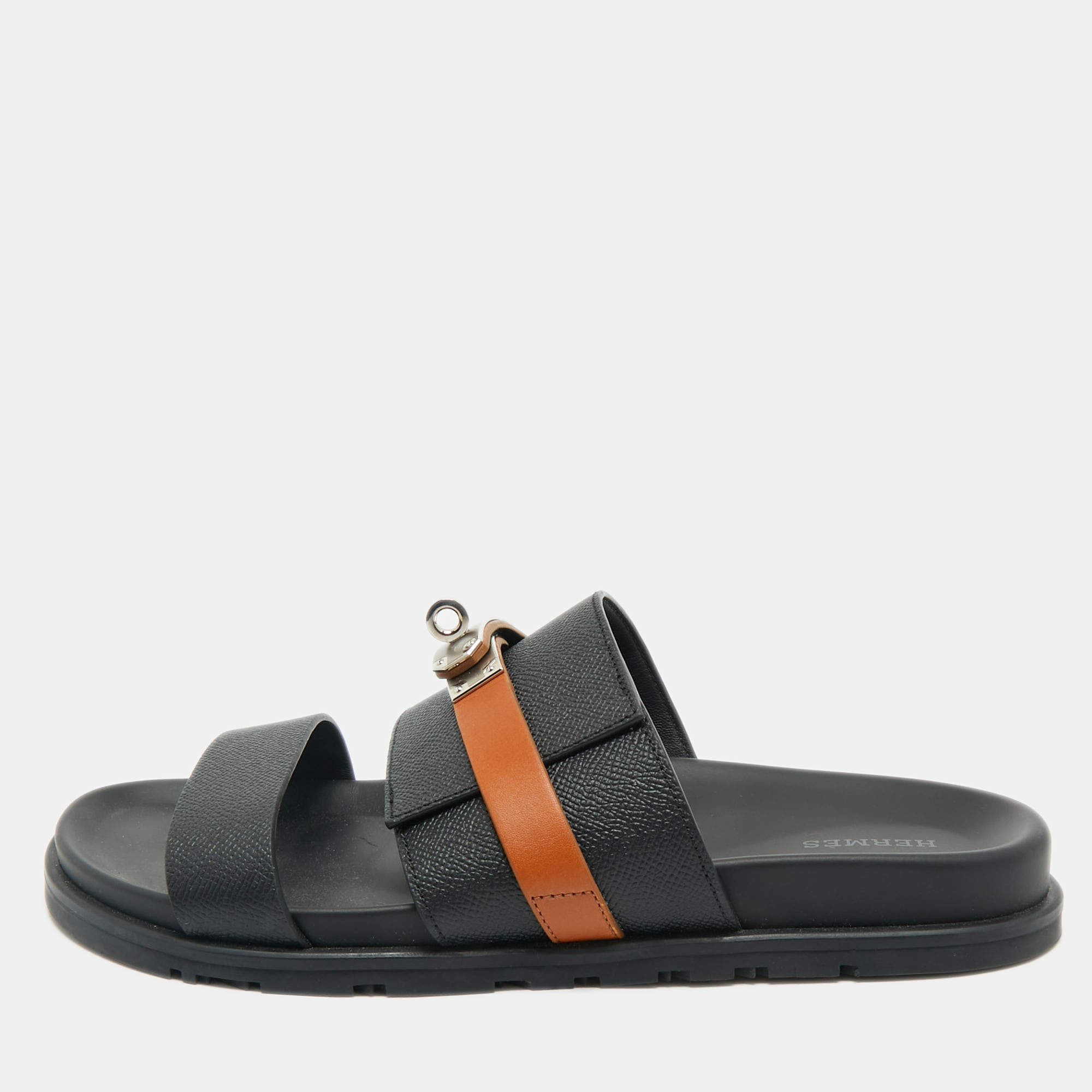 Pre Owned Hermes Black/Brown Leather Jackson Slide Sandals Size 41
