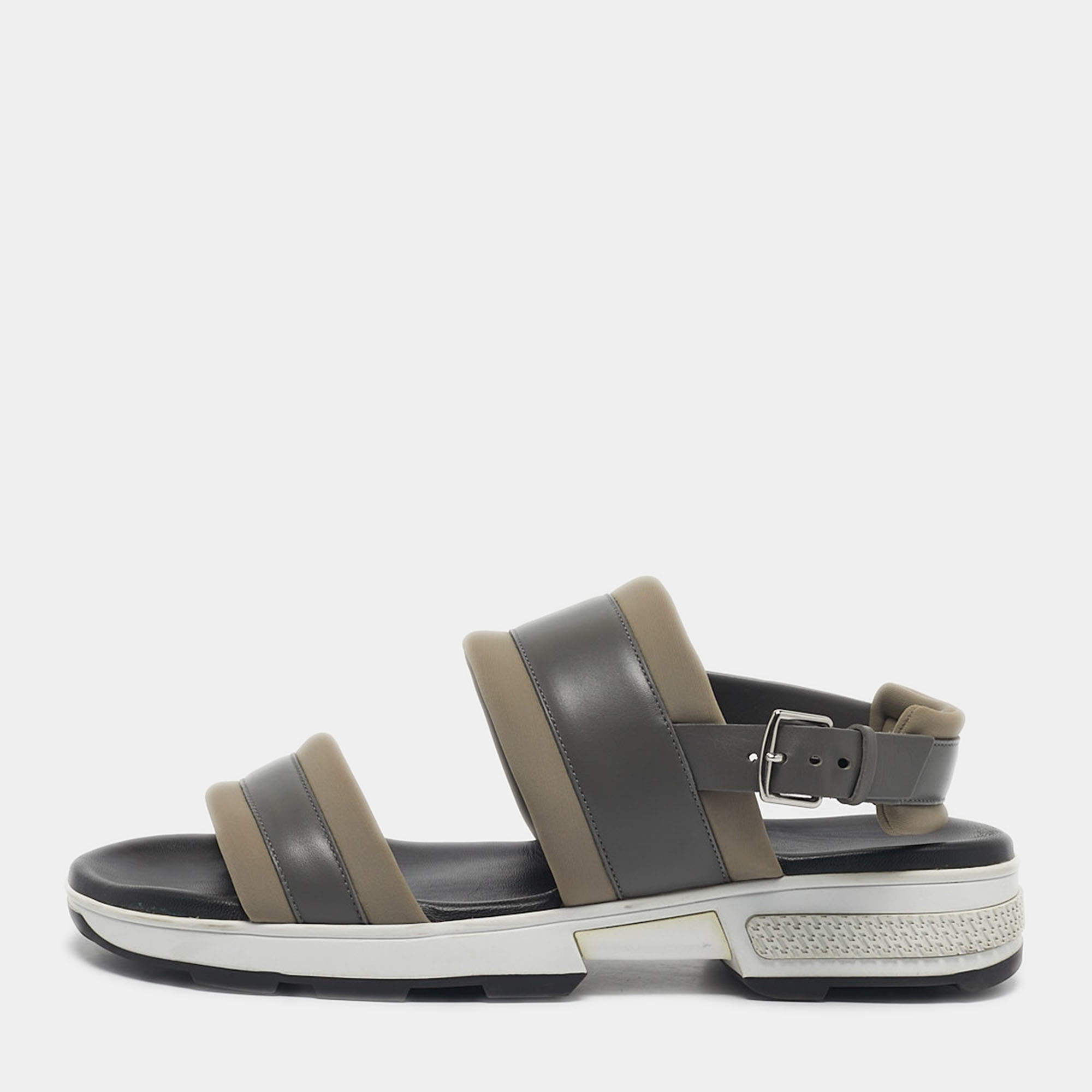 Pre Owned Hermes Grey/Brown Leather and Neoprene Flat Sandals Size 43