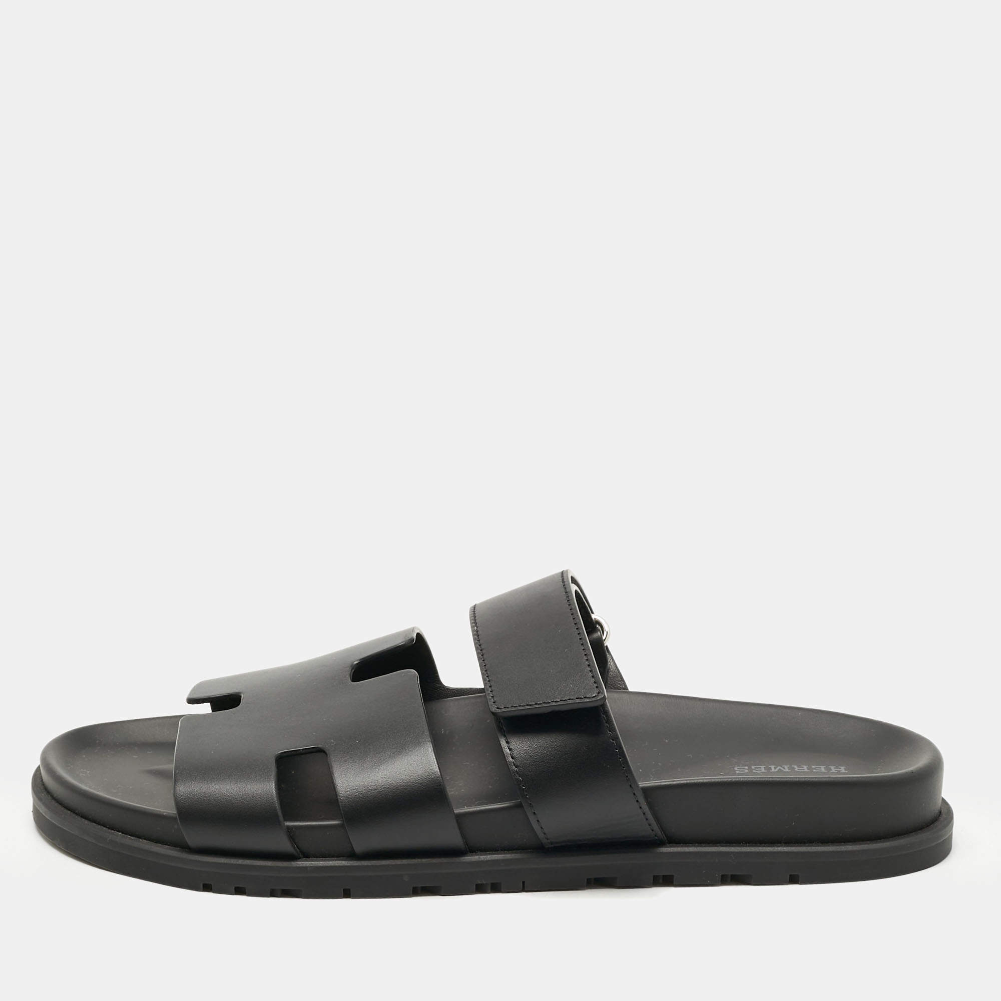 Pre Owned Hermès Black Leather Chypre Sandals Size 43
