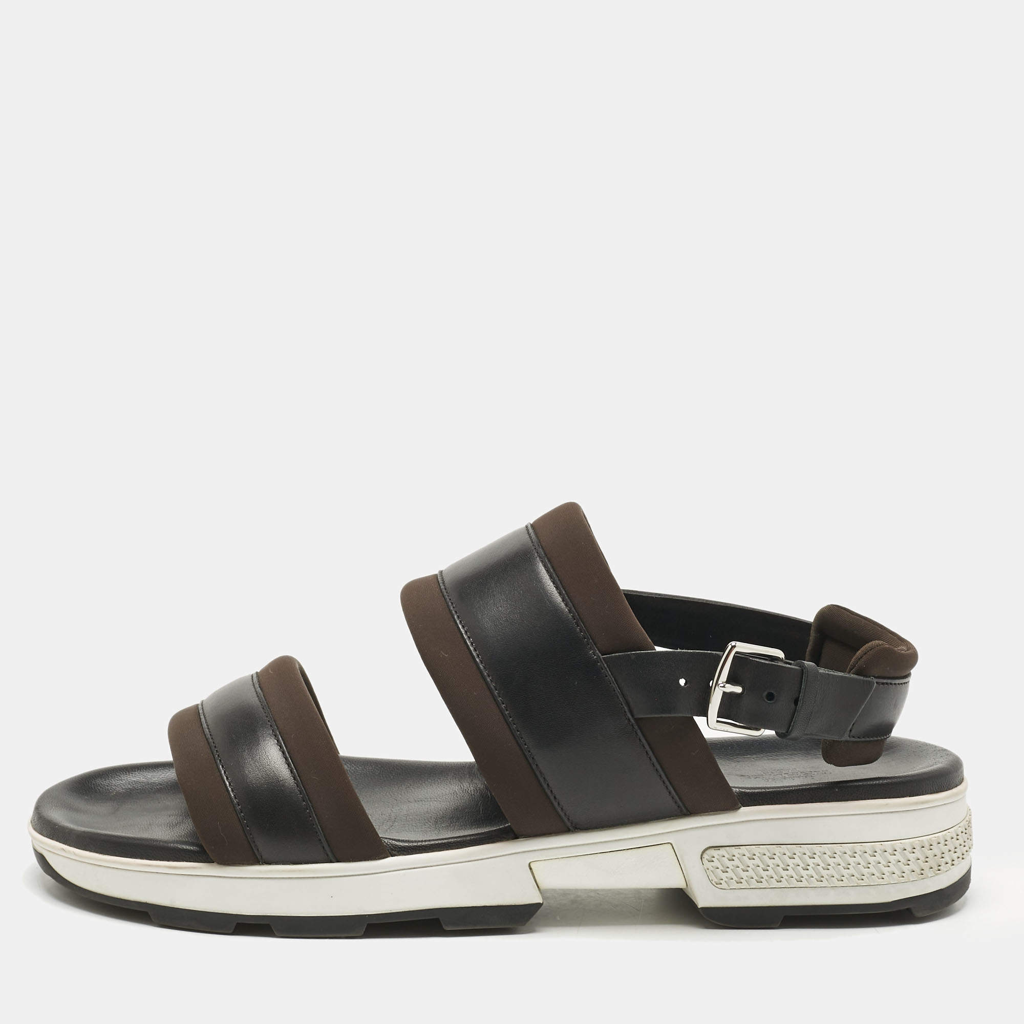 Pre Owned Hermes Black/Brown Leather and Neoprene Flat Sandals Size 43