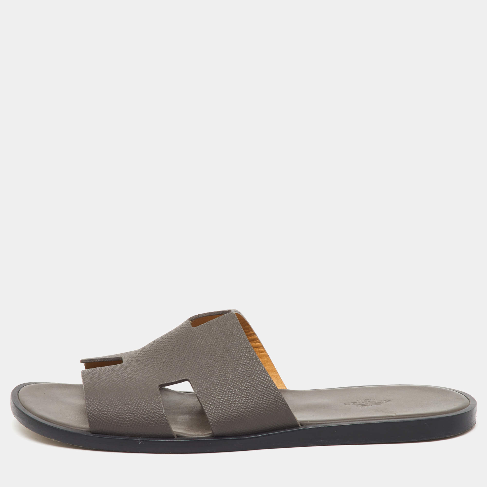 Pre Owned Herm és Ecorce Epsom Leather Izmir Flat Slides Size 43