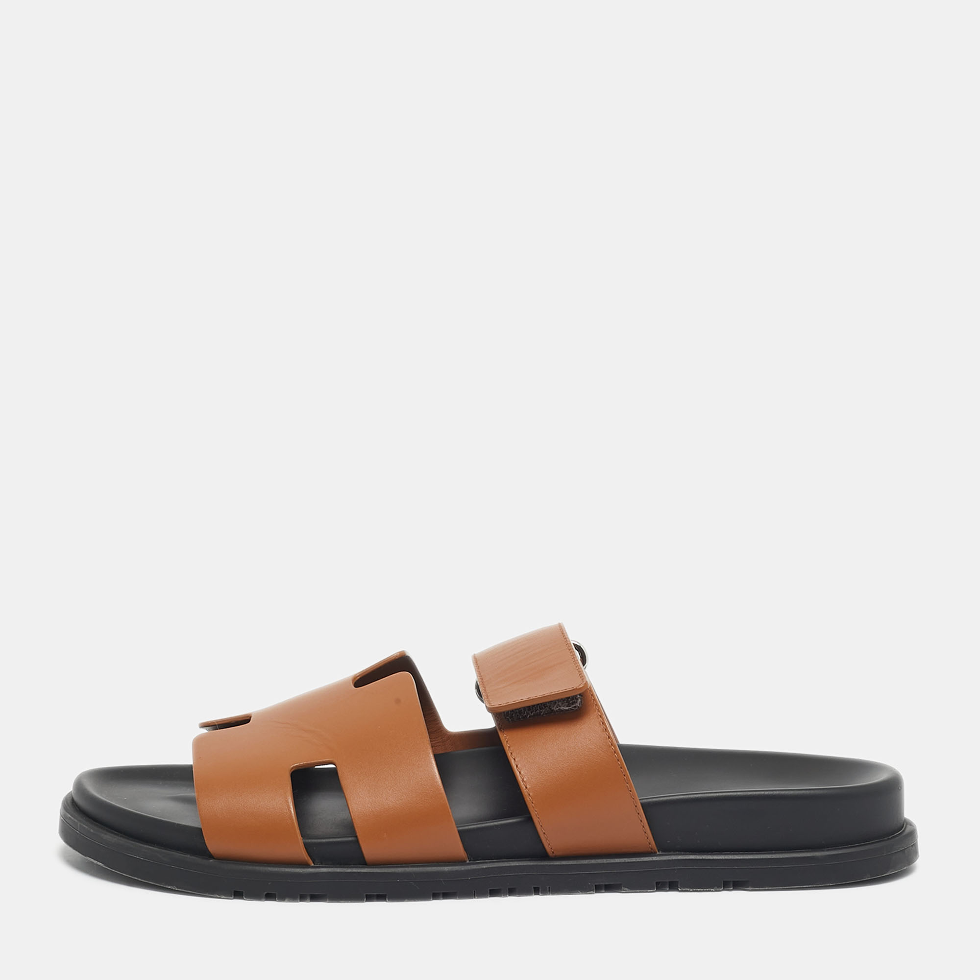 Pre Owned Hermes Brown Leather Chypre Flat Slide Size 42